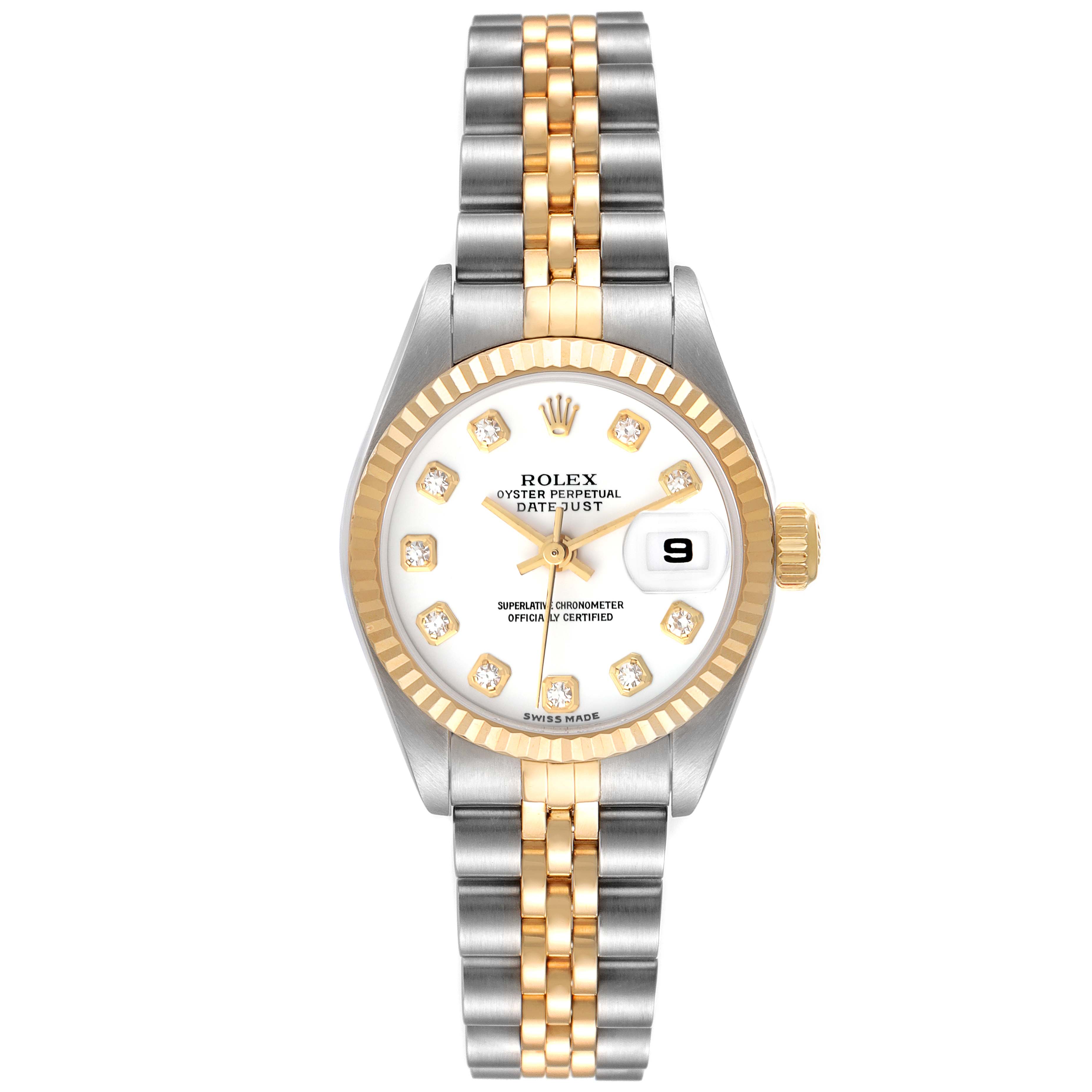 The image shows a frontal view of a Rolex Datejust 79173 Women's Steel and Gold (two tone) White Dial 79173 Women's Steel and Gold (two tone) White Dial watch, displaying the dial, bezel, bracelet, and date window.