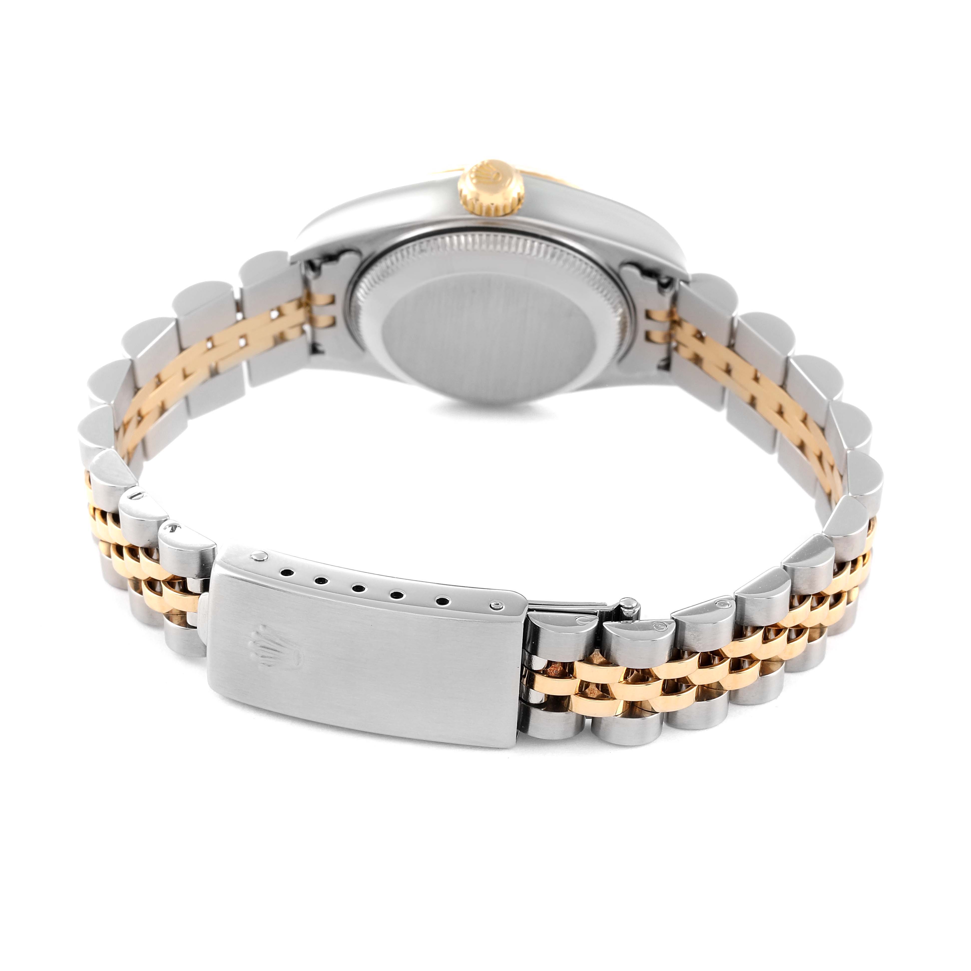 The image shows the back view of a Rolex Datejust 79173 Women's Steel and Gold (two tone) White Dial 79173 Women's Steel and Gold (two tone) White Dial watch, highlighting the case back, crown, and bi-metal Jubilee bracelet.