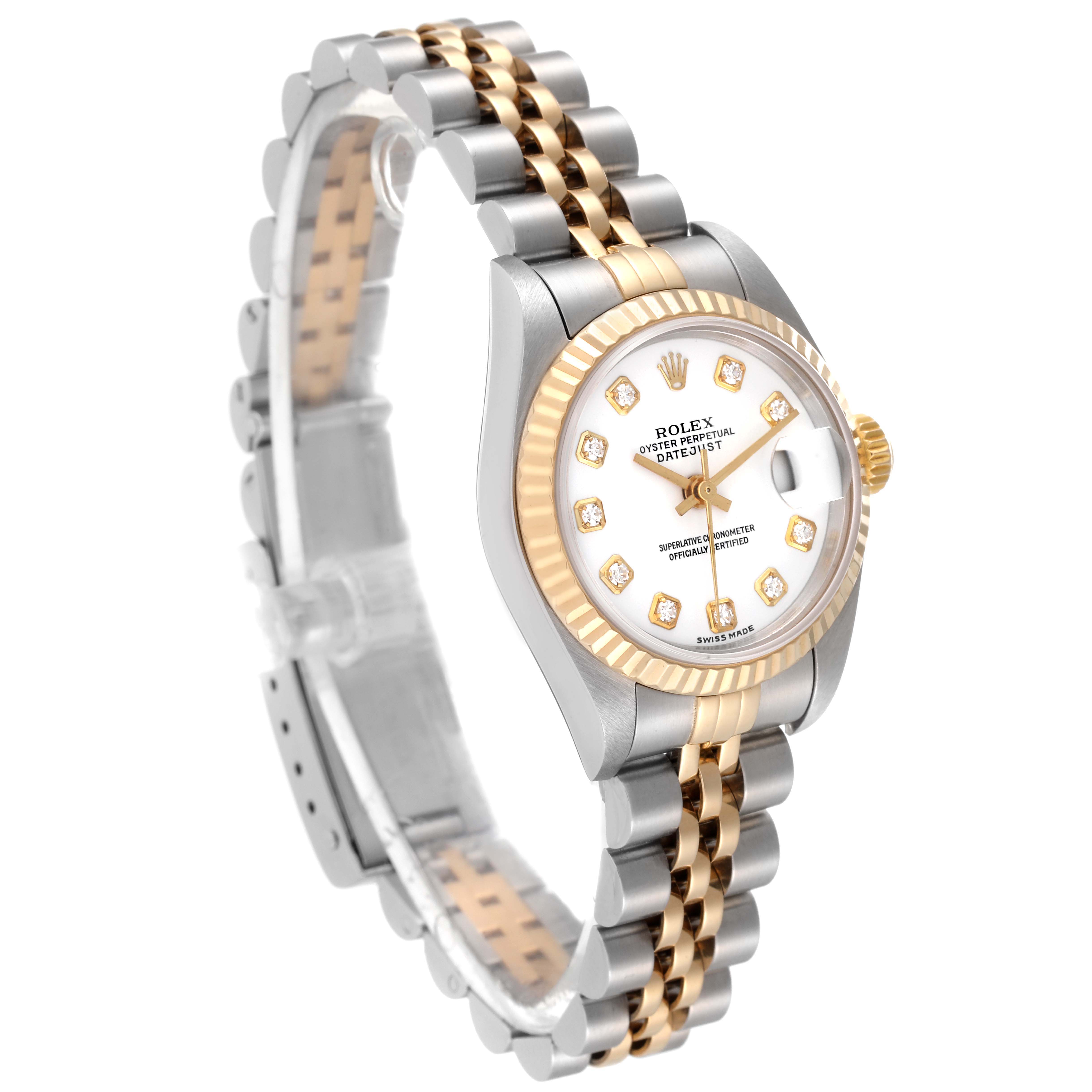 The image shows a Rolex Datejust 79173 Women's Steel and Gold (two tone) White Dial 79173 Women's Steel and Gold (two tone) White Dial watch from a front-side angle, highlighting the dial, bezel, and Jubilee bracelet.