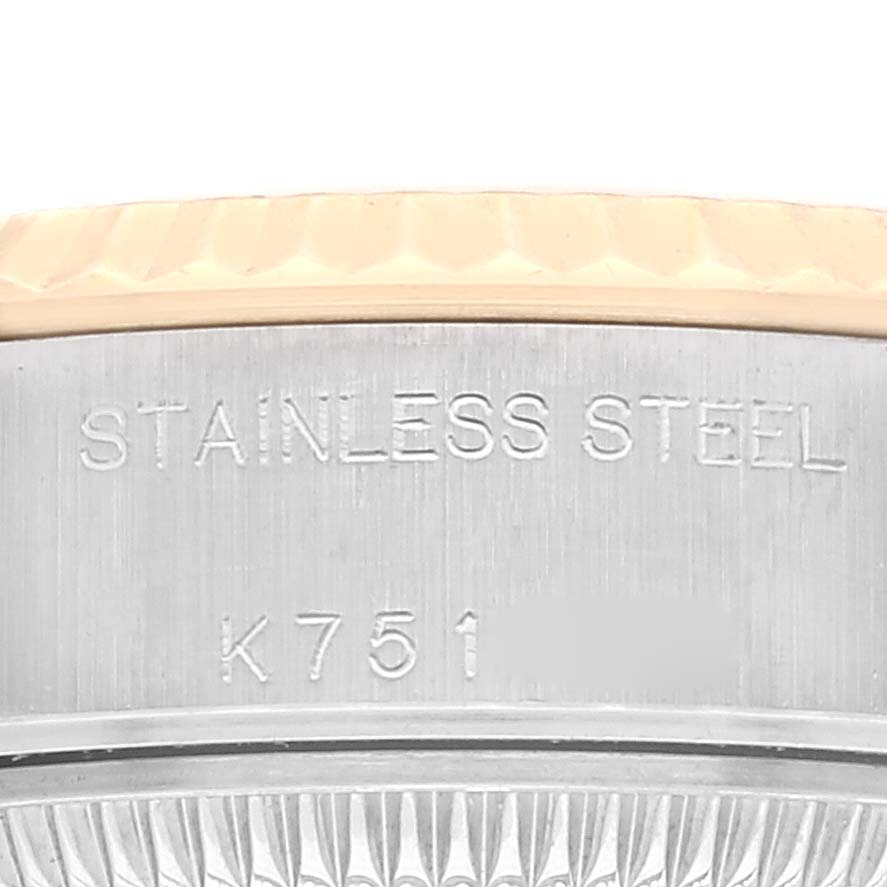 The image shows a close-up view of the stainless steel case back with visible engravings of a Rolex Datejust 79173 Women's Steel and Gold (two tone) White Dial 79173 Women's Steel and Gold (two tone) White Dial watch.