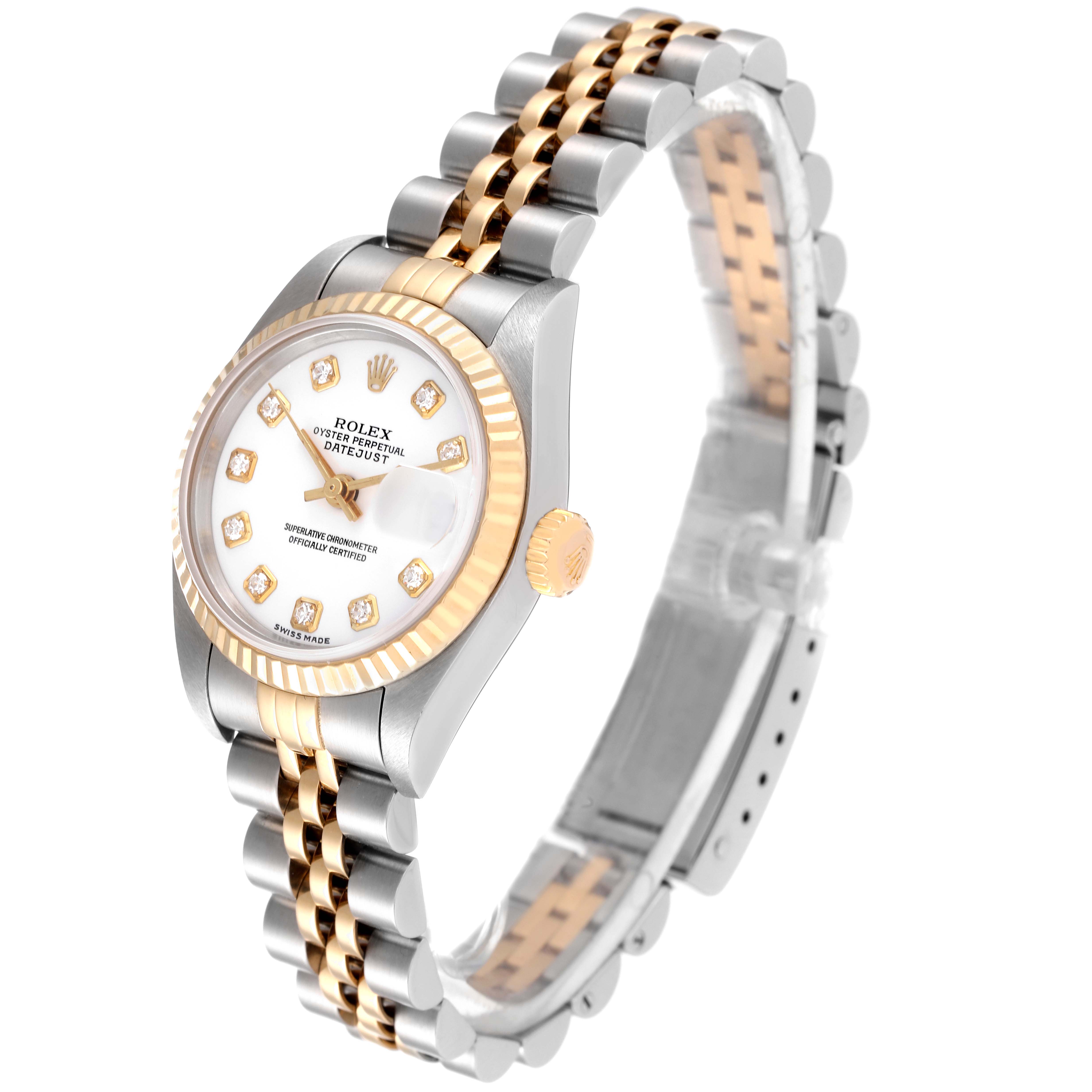 The image shows a Rolex Datejust 79173 Women's Steel and Gold (two tone) White Dial 79173 Women's Steel and Gold (two tone) White Dial watch at a slight side angle, featuring its dial, fluted bezel, and jubilee bracelet.