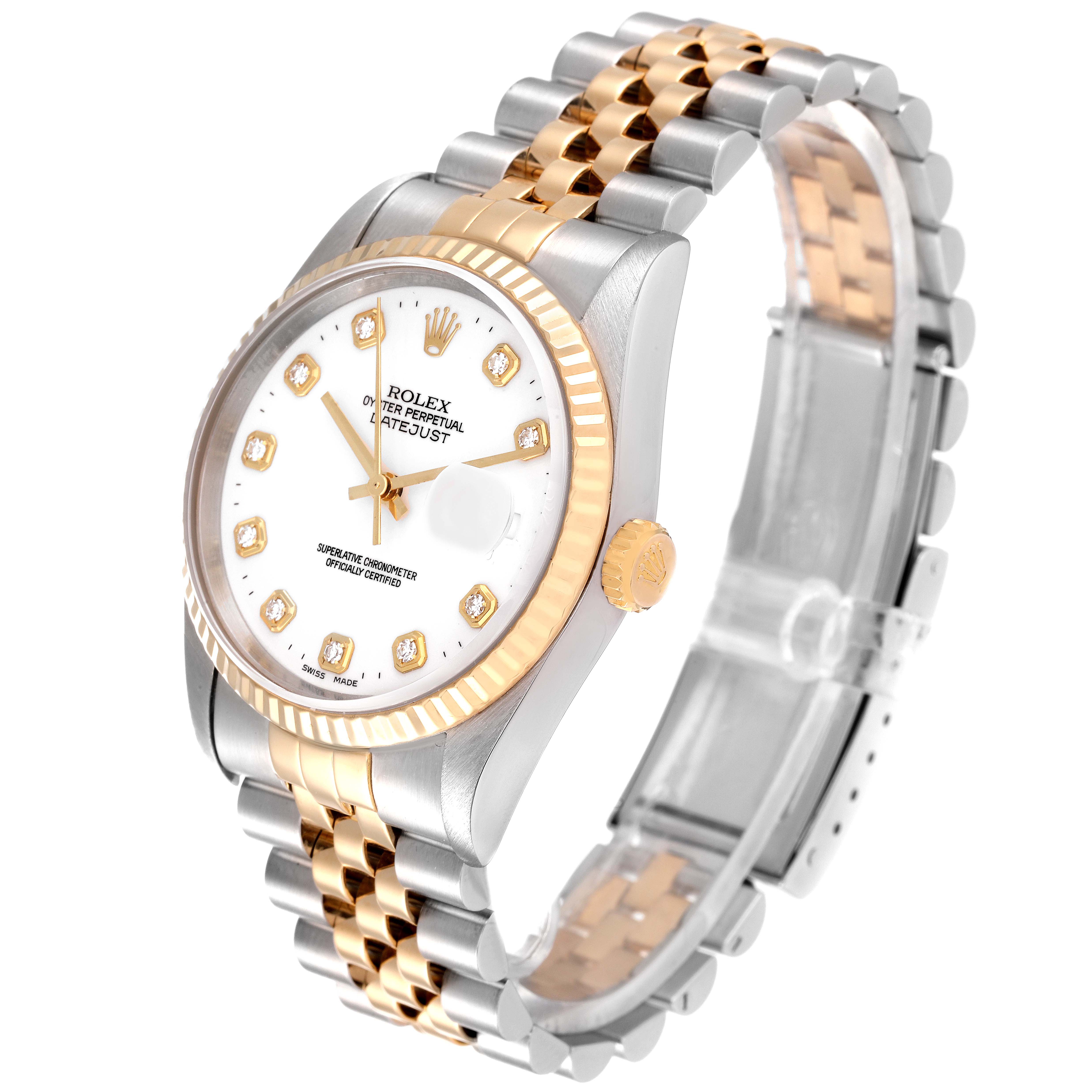 The image shows a Rolex Datejust 16233 Men's Steel and Gold (two tone) White Dial 16233 Men's Steel and Gold (two tone) White Dial watch at a three-quarter angle, highlighting the face, bezel, crown, and two-tone bracelet.