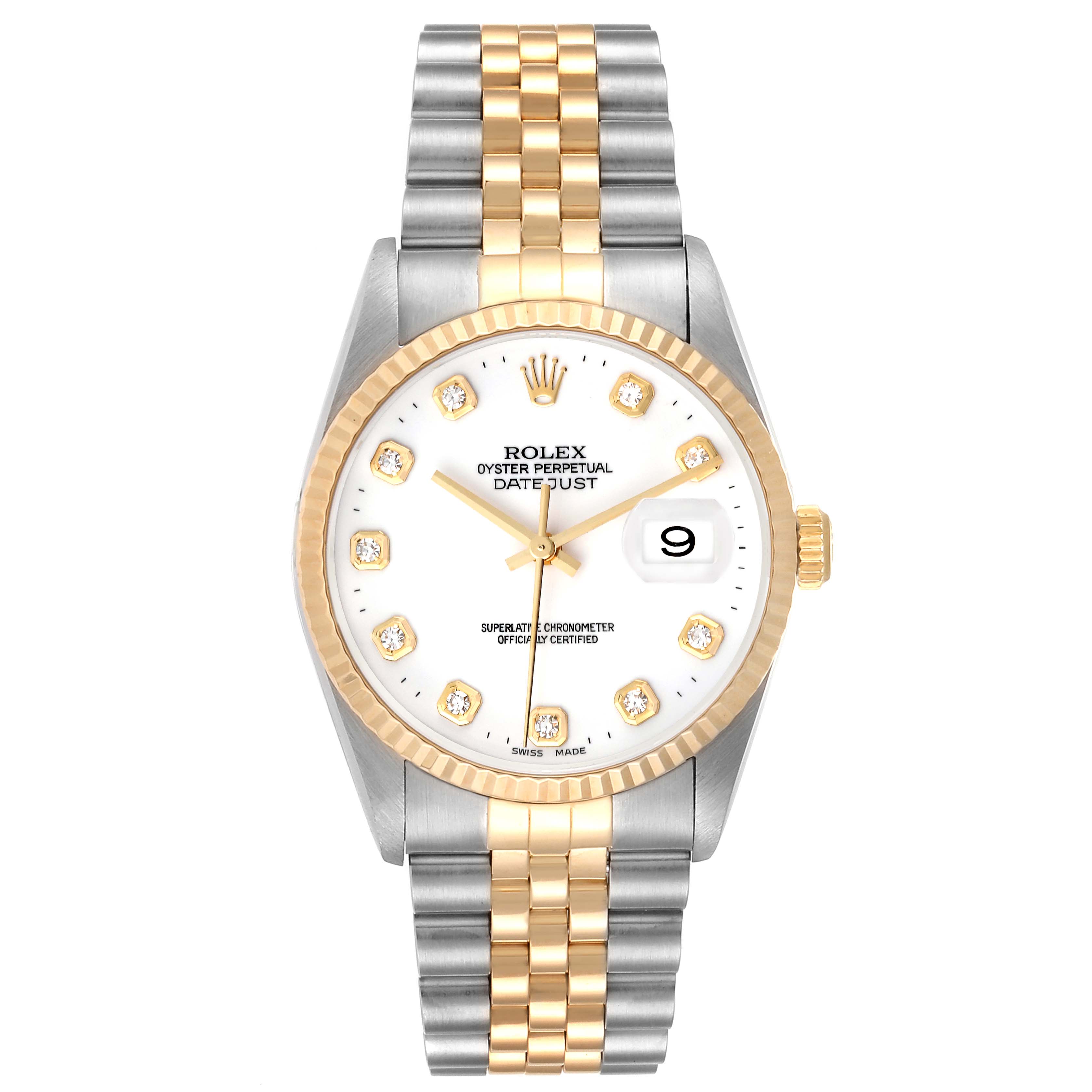 This is a front view of a Rolex Datejust 16233 Men's Steel and Gold (two tone) White Dial 16233 Men's Steel and Gold (two tone) White Dial watch, showing the dial, bezel, bracelet, hands, date window, and hour markers.