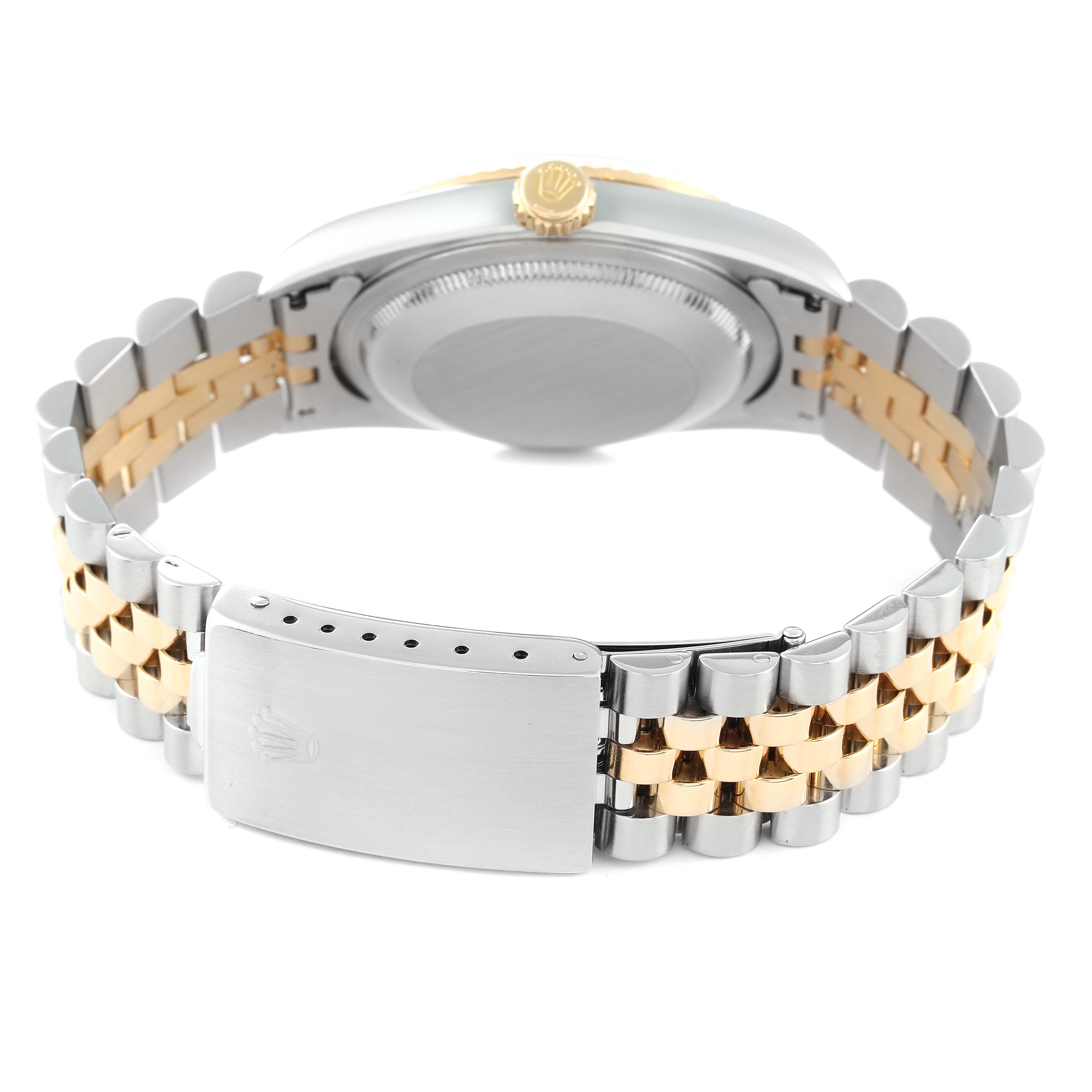 The image shows a Rolex Datejust 16233 Men's Steel and Gold (two tone) White Dial 16233 Men's Steel and Gold (two tone) White Dial watch from the back, focusing on the jubilee bracelet and clasp.