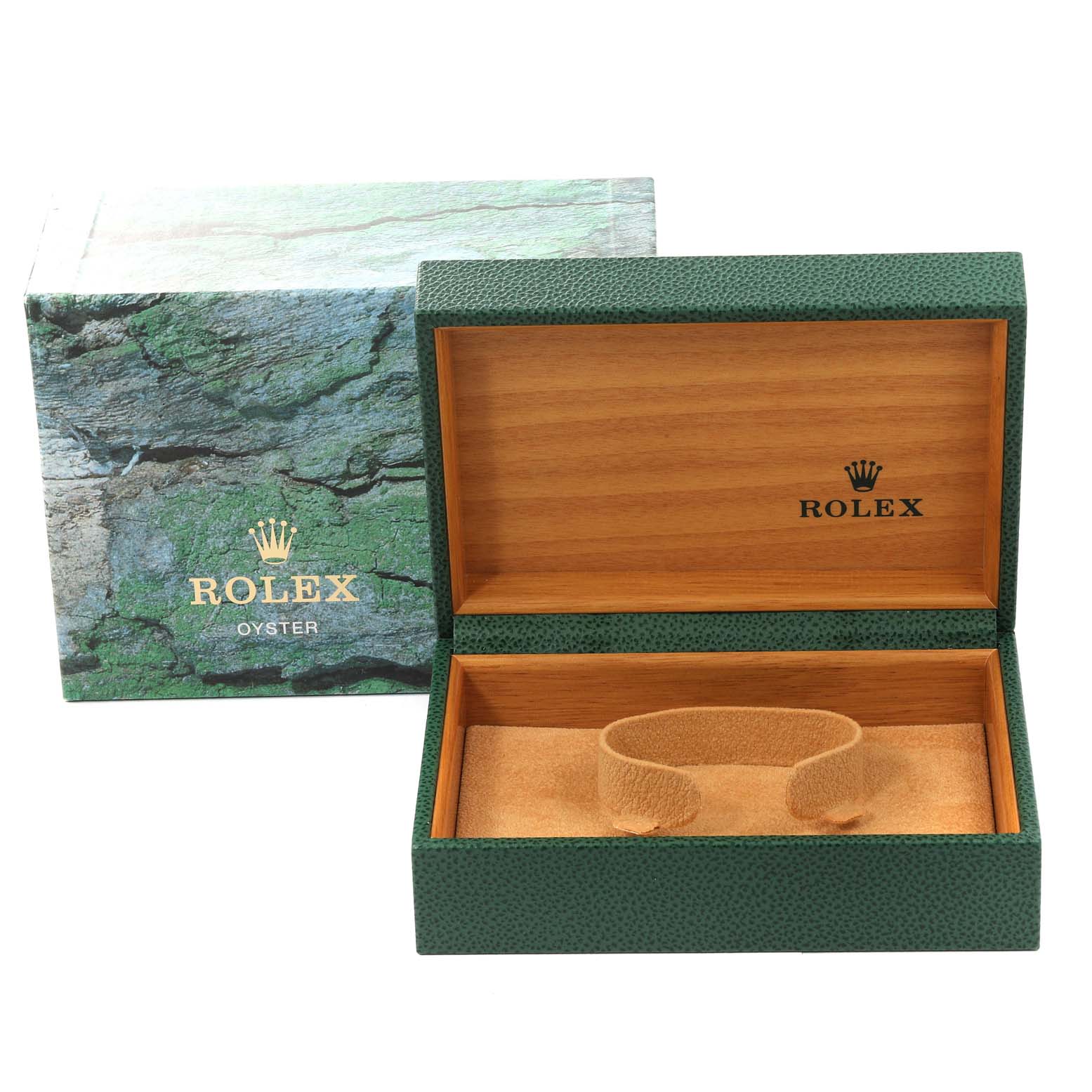 This image shows an open green and wood Rolex box for the Datejust model, with a beige cushion inside.