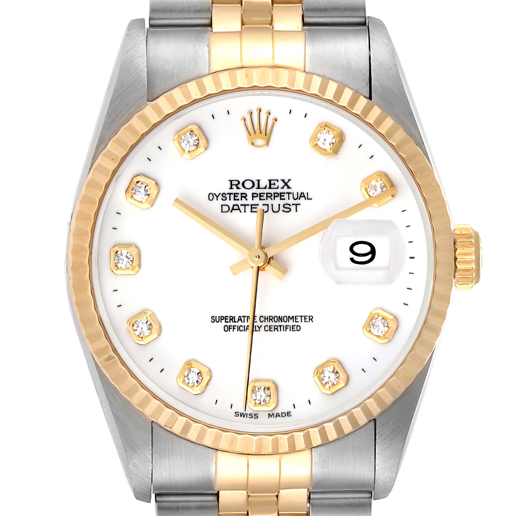 This image shows a front view of the Rolex Datejust 16233 Men's Steel and Gold (two tone) White Dial 16233 Men's Steel and Gold (two tone) White Dial model, highlighting its dial, bezel, hands, and bracelet.