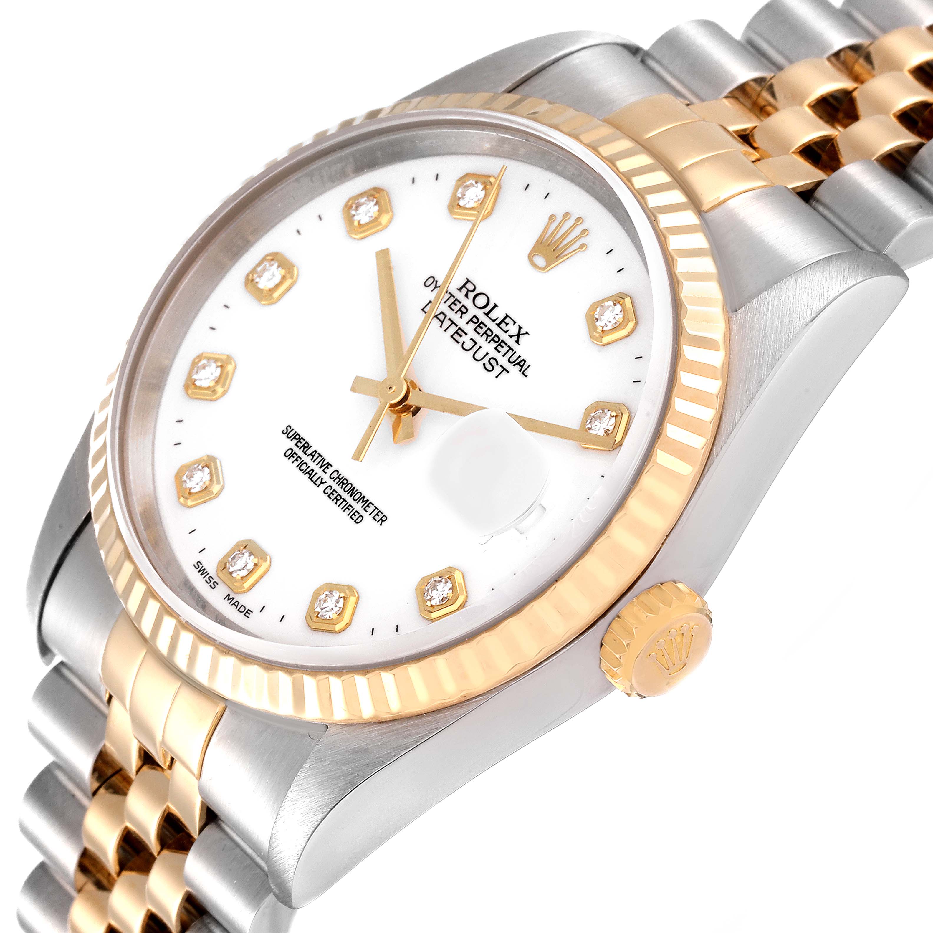 This Rolex Datejust 16233 Men's Steel and Gold (two tone) White Dial 16233 Men's Steel and Gold (two tone) White Dial watch is shown at a three-quarter angle, highlighting the dial, bezel, crown, and part of the bracelet.