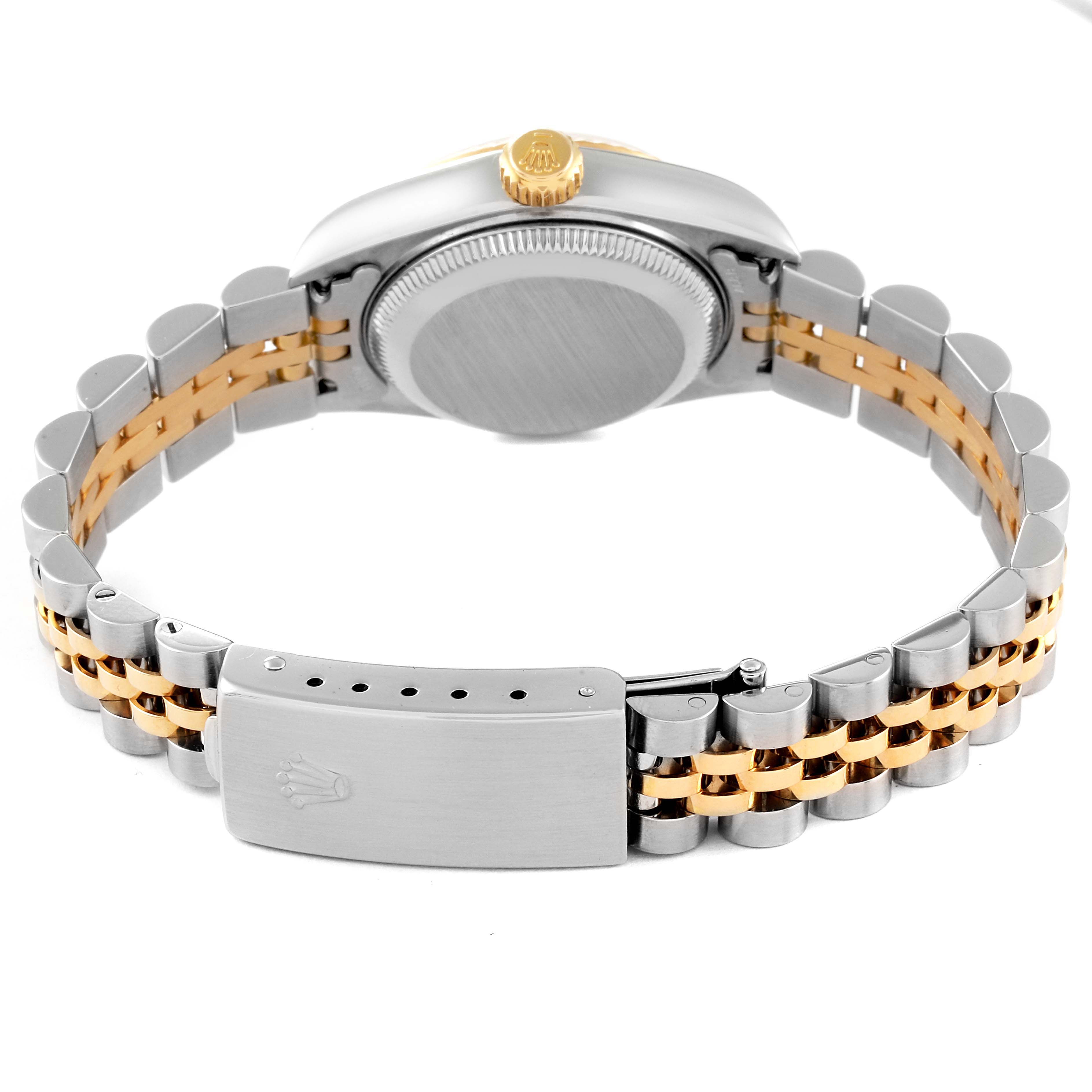This image shows the back view of a Rolex Datejust 79173 Women's Steel and Gold (two tone) White Dial 79173 Women's Steel and Gold (two tone) White Dial watch, highlighting its case back, crown, and two-tone bracelet.