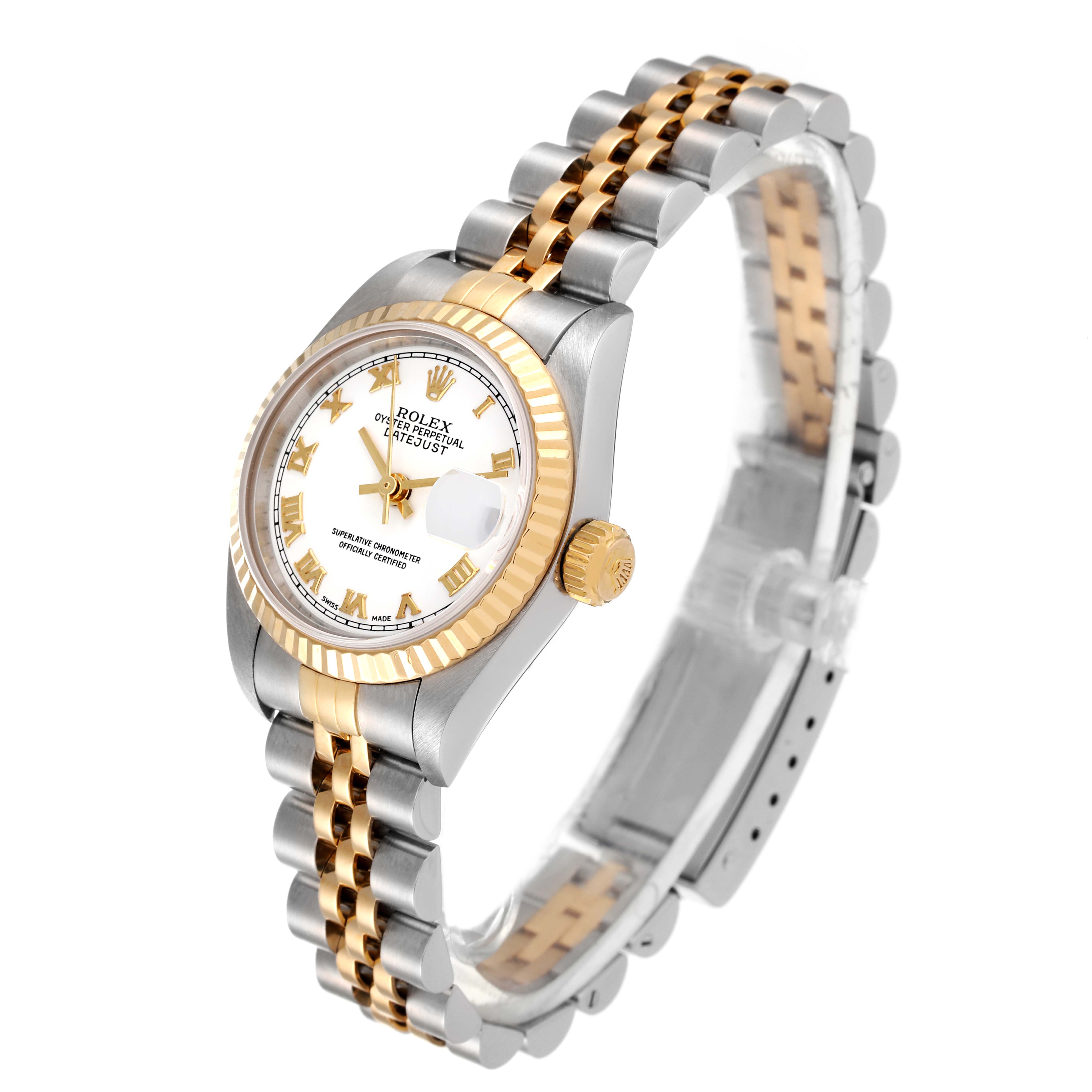 This image shows a Rolex Datejust 79173 Women's Steel and Gold (two tone) White Dial 79173 Women's Steel and Gold (two tone) White Dial watch at a slight angle, highlighting the dial, bezel, crown, and two-tone bracelet.
