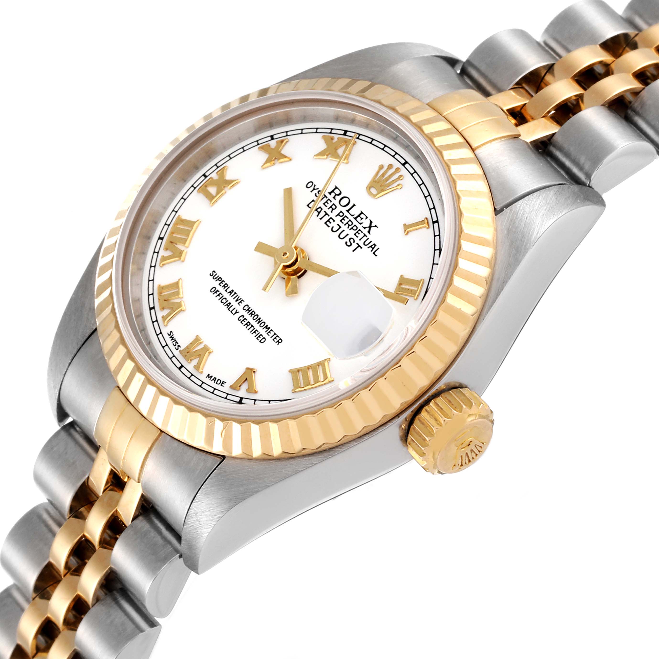 The Rolex Datejust 79173 Women's Steel and Gold (two tone) White Dial 79173 Women's Steel and Gold (two tone) White Dial watch is shown at a slight angle, displaying its face, fluted bezel, bracelet, and crown.