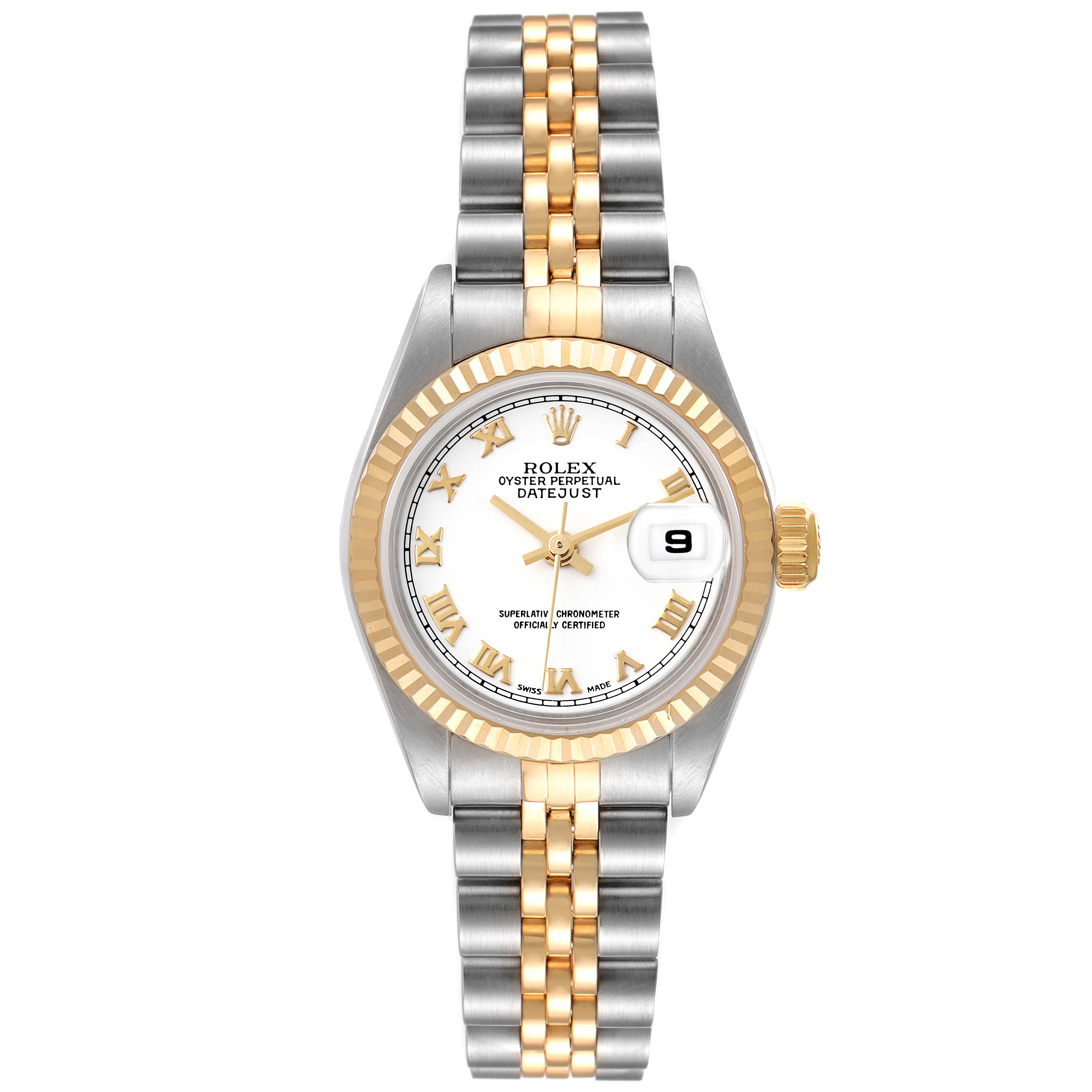 This image shows a front view of a Rolex Datejust 79173 Women's Steel and Gold (two tone) White Dial 79173 Women's Steel and Gold (two tone) White Dial watch, highlighting the dial, bezel, and the Jubilee bracelet.