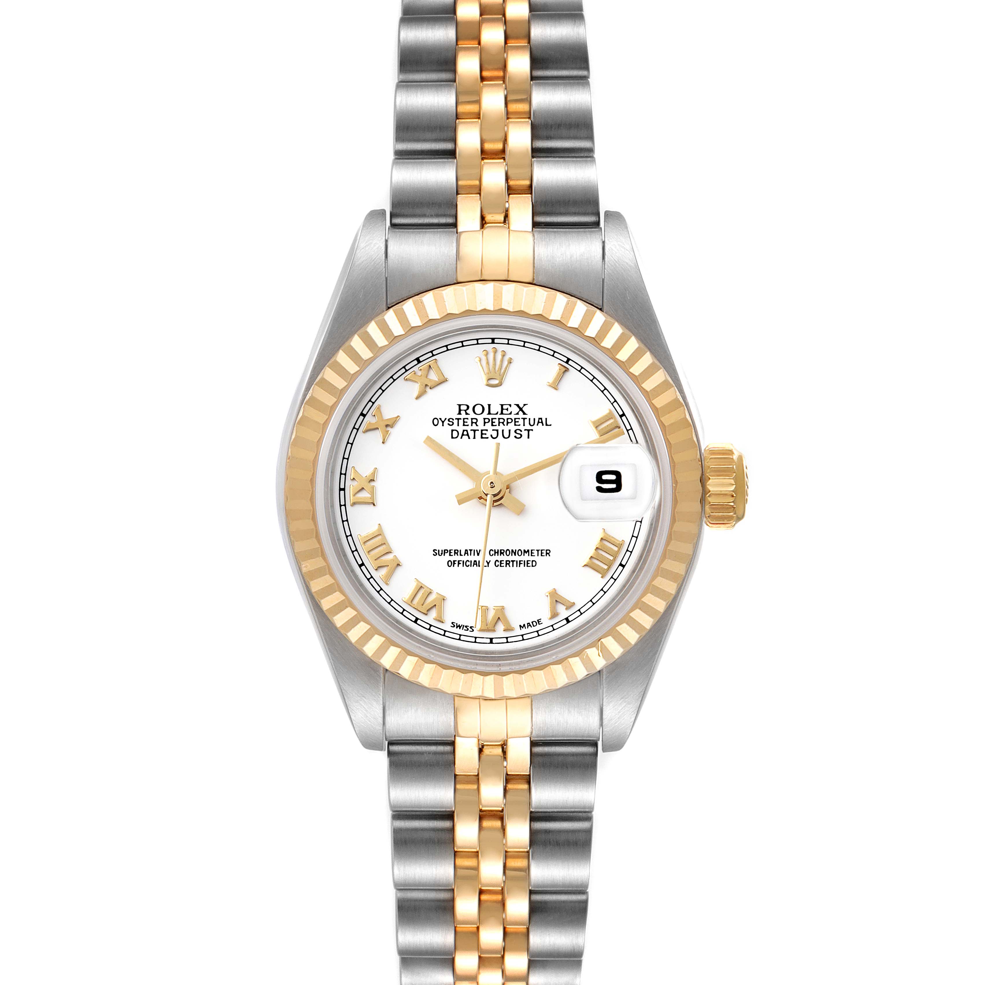 This image shows a Rolex Datejust 79173 Women's Steel and Gold (two tone) White Dial 79173 Women's Steel and Gold (two tone) White Dial watch from a top-down angle, highlighting its face, bracelet, and fluted bezel.