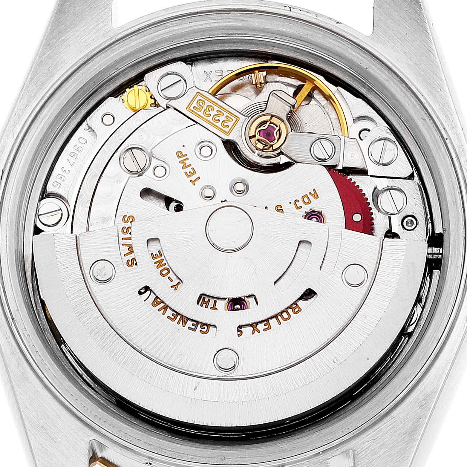 This is an image showing the internal mechanical movement of a Rolex Datejust 79173 Women's Steel and Gold (two tone) White Dial 79173 Women's Steel and Gold (two tone) White Dial watch, viewed from the back.