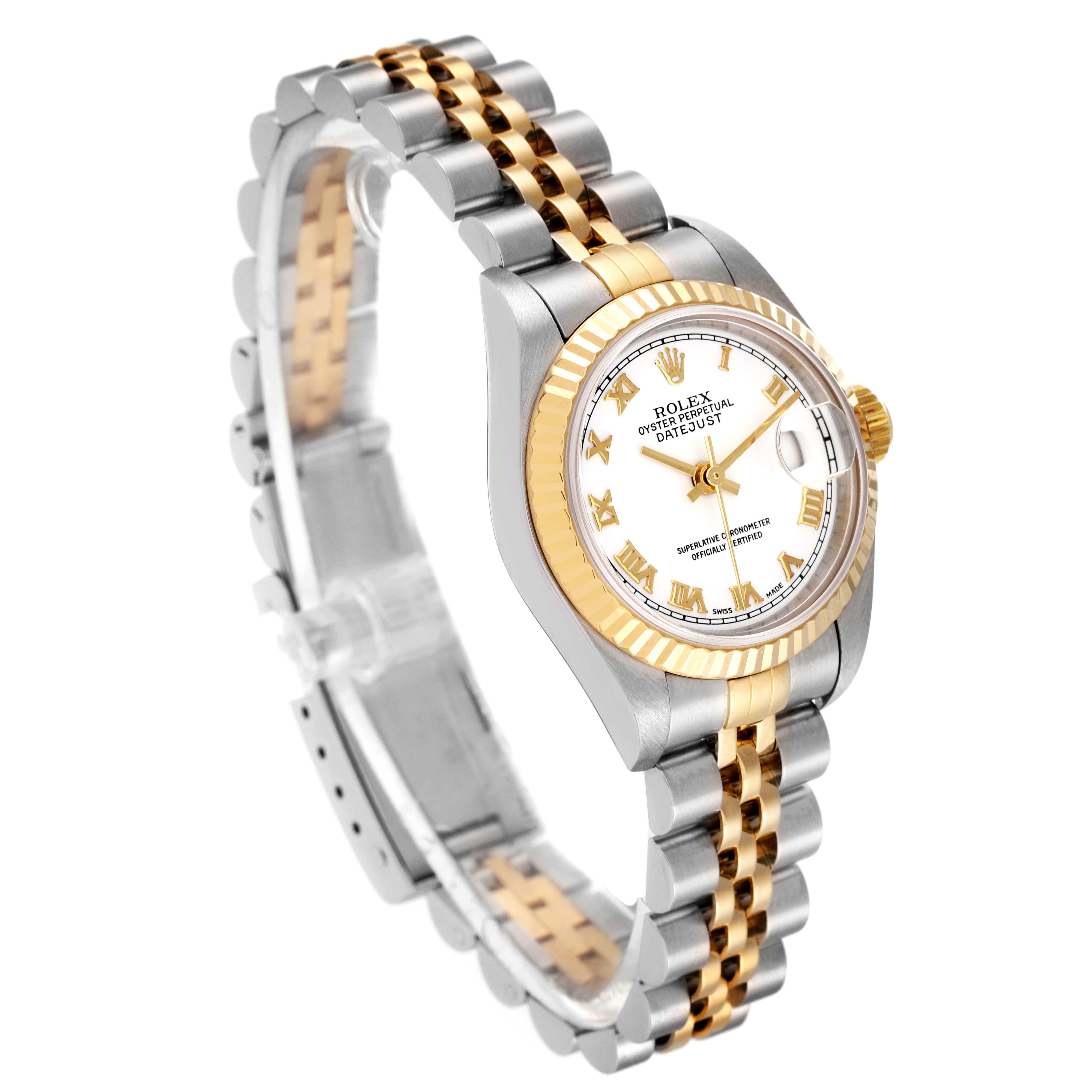 The image shows a side angle of a Rolex Datejust 79173 Women's Steel and Gold (two tone) White Dial 79173 Women's Steel and Gold (two tone) White Dial watch, featuring a two-tone bracelet, fluted bezel, and white dial.