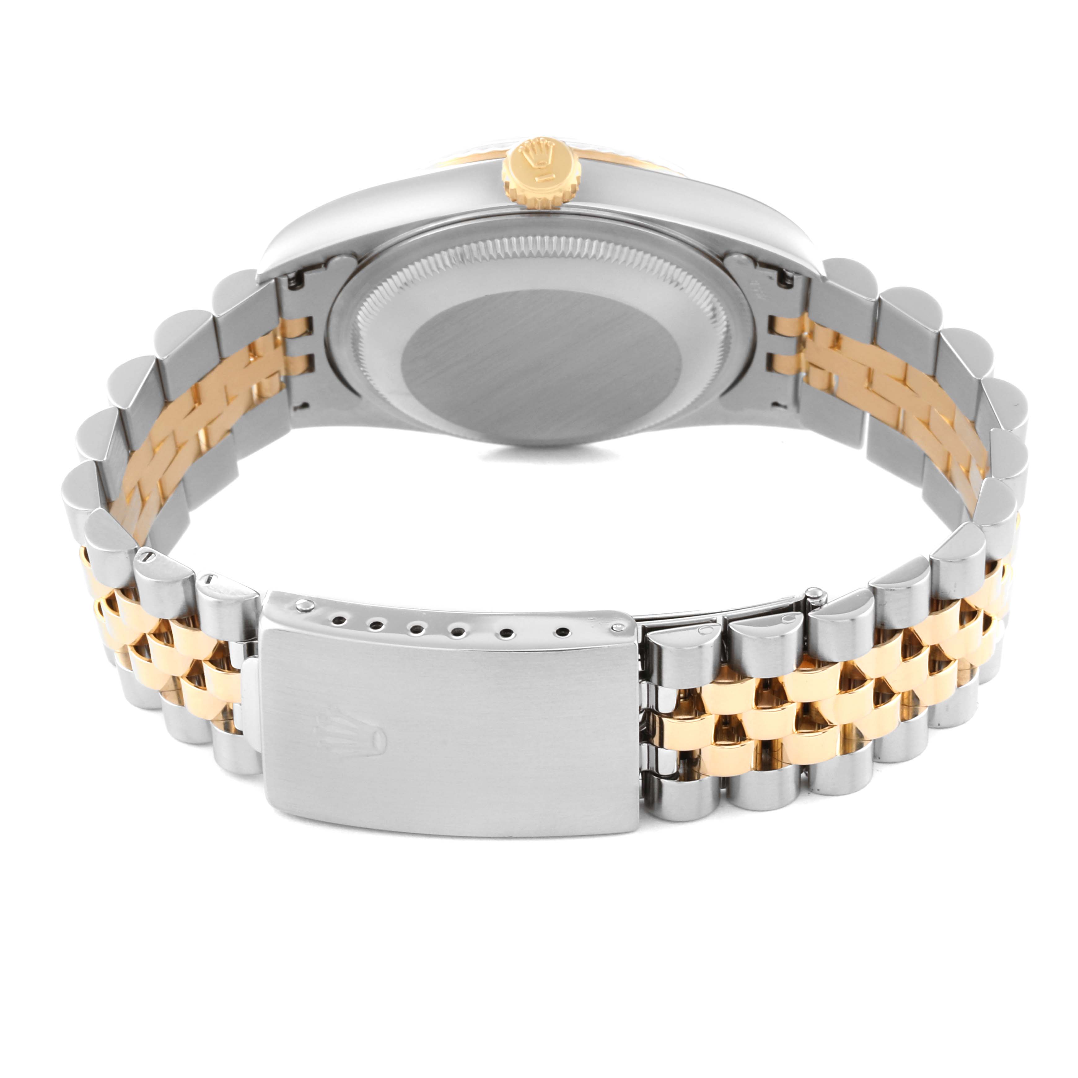 The image shows the back view of a Rolex Datejust 16233 Men's Steel and Gold (two tone) White Dial 16233 Men's Steel and Gold (two tone) White Dial watch, highlighting its case back and jubilee bracelet with a clasp.