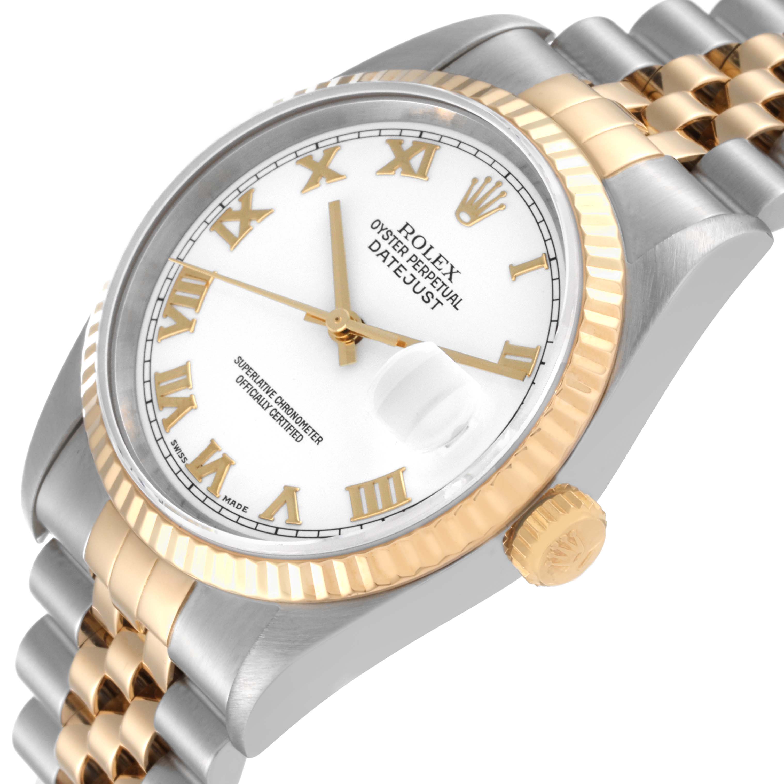 This image shows a Rolex Datejust 16233 Men's Steel and Gold (two tone) White Dial 16233 Men's Steel and Gold (two tone) White Dial watch at a slight angle, focusing on the face, bezel, crown, and part of the bracelet.