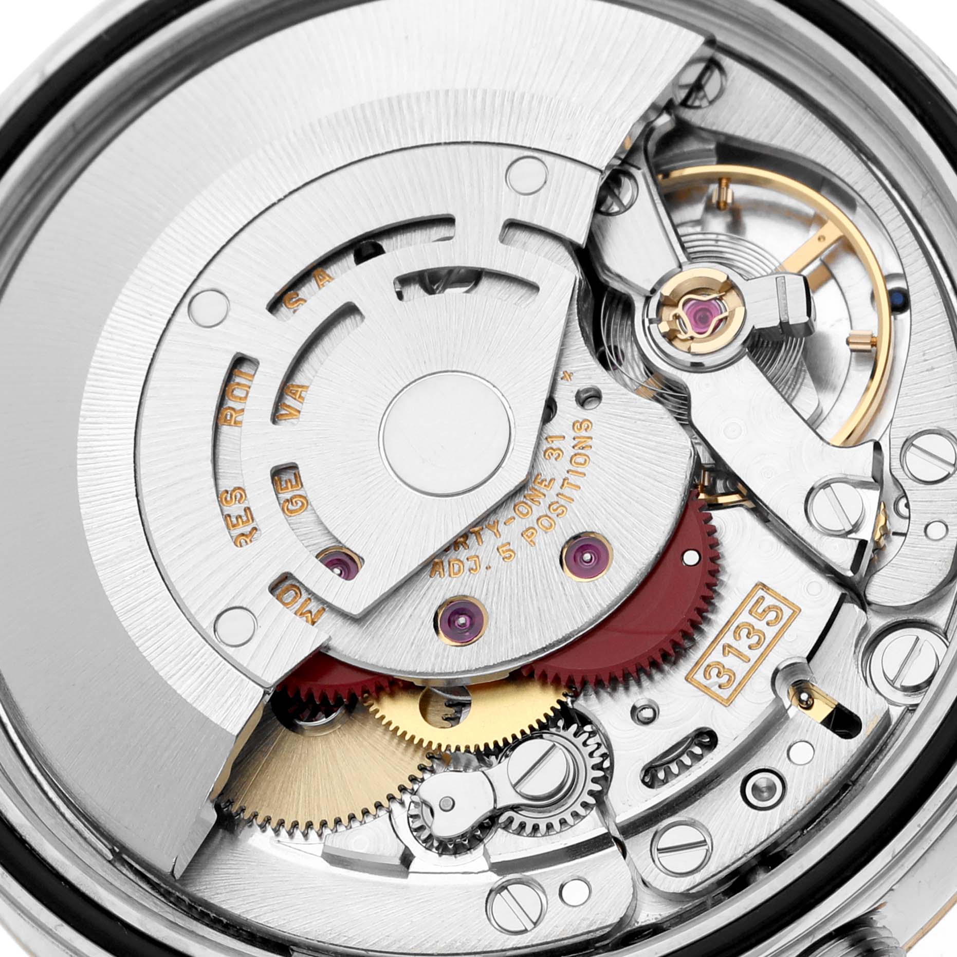 The image shows the movement mechanism and internal components of a Rolex Datejust 16233 Men's Steel and Gold (two tone) White Dial 16233 Men's Steel and Gold (two tone) White Dial watch, viewed from the back.
