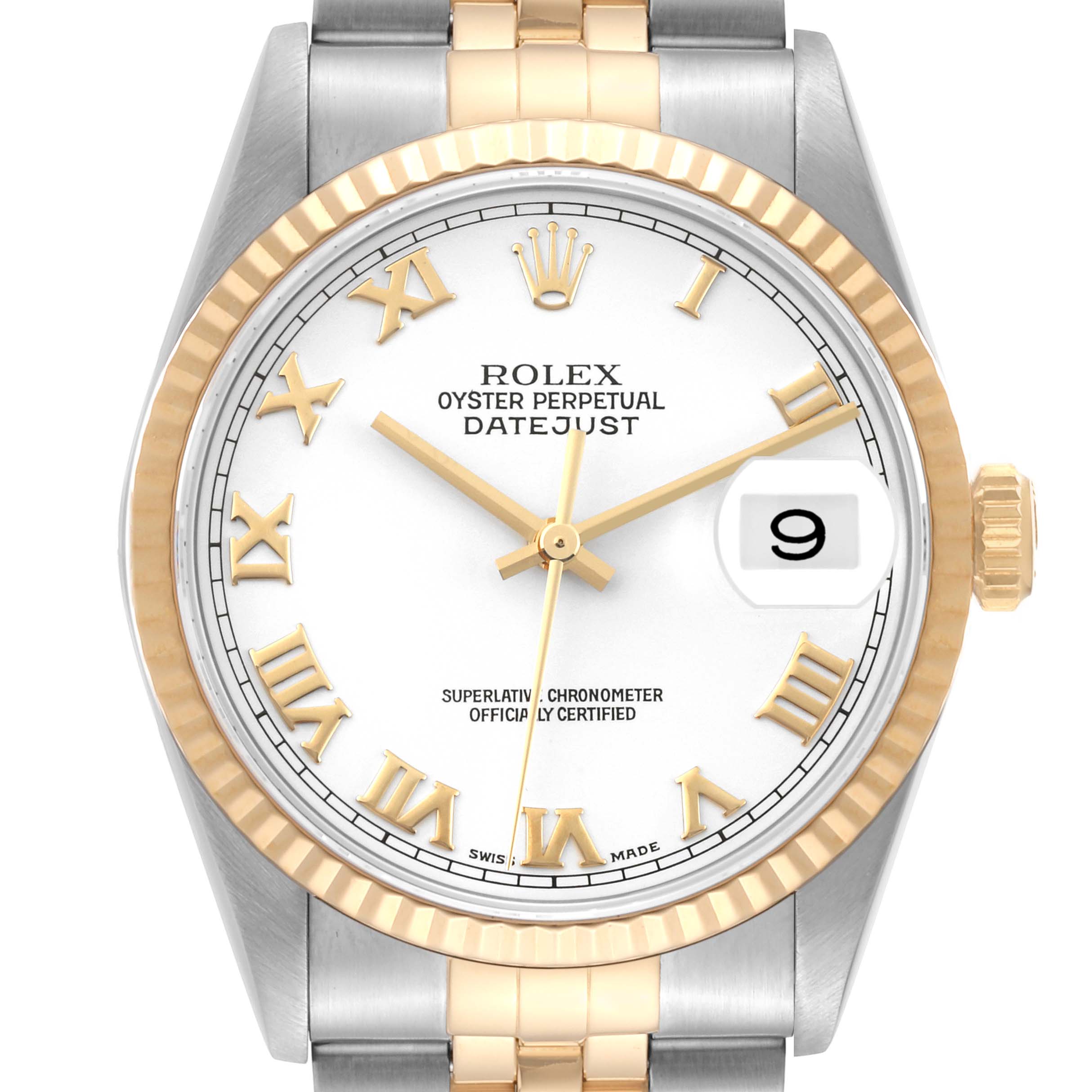 The image shows the Rolex Datejust 16233 Men's Steel and Gold (two tone) White Dial 16233 Men's Steel and Gold (two tone) White Dial model watch from a frontal angle, highlighting the dial, bezel, and bracelet.
