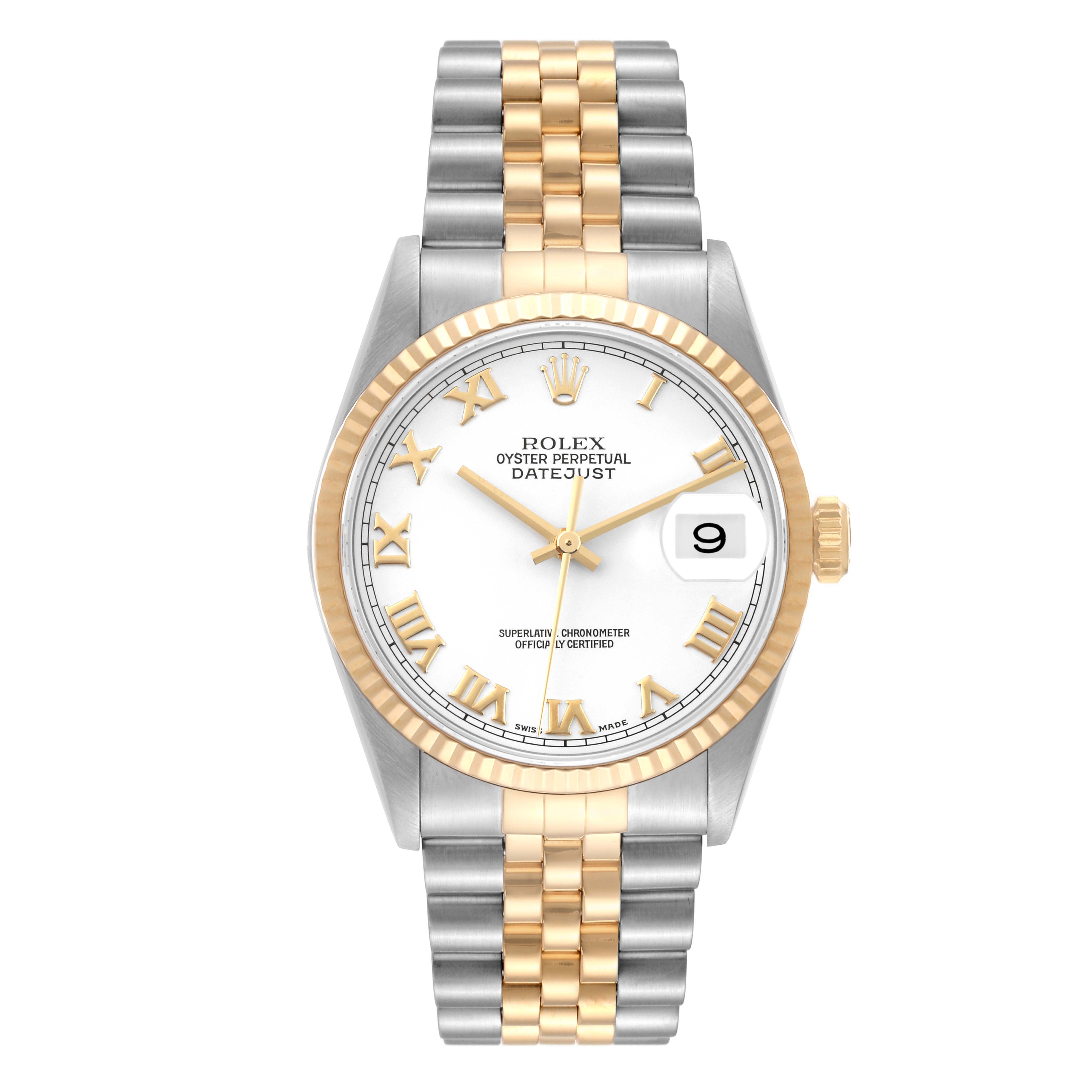 This image shows a front view of a Rolex Datejust 16233 Men's Steel and Gold (two tone) White Dial 16233 Men's Steel and Gold (two tone) White Dial watch, showcasing its dial, bezel, and bracelet.