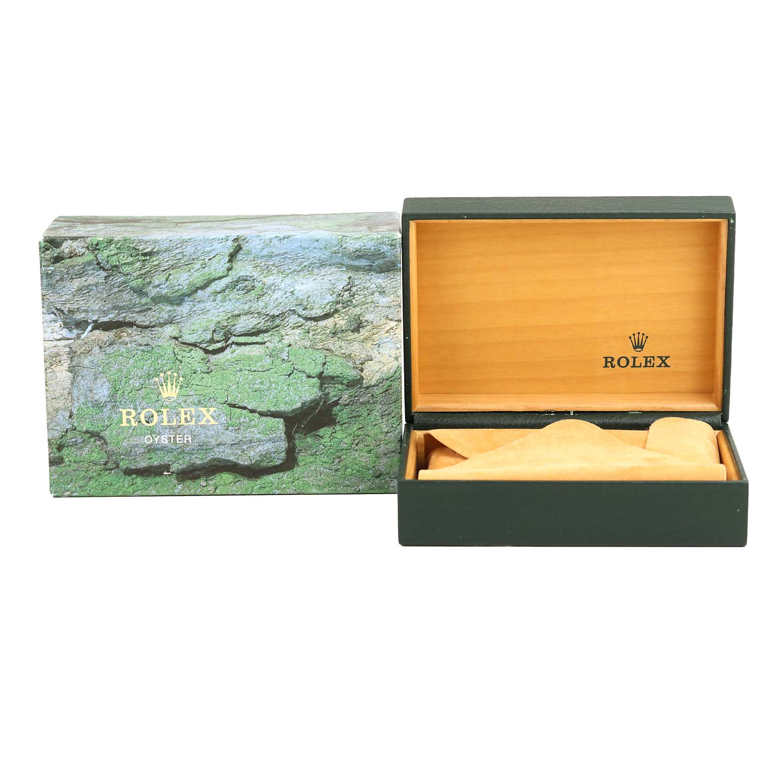 The image shows the opened and closed boxes for a Rolex Datejust 16233 Men's Steel and Gold (two tone) White Dial 16233 Men's Steel and Gold (two tone) White Dial, with the "Rolex" brand name visible inside and out.