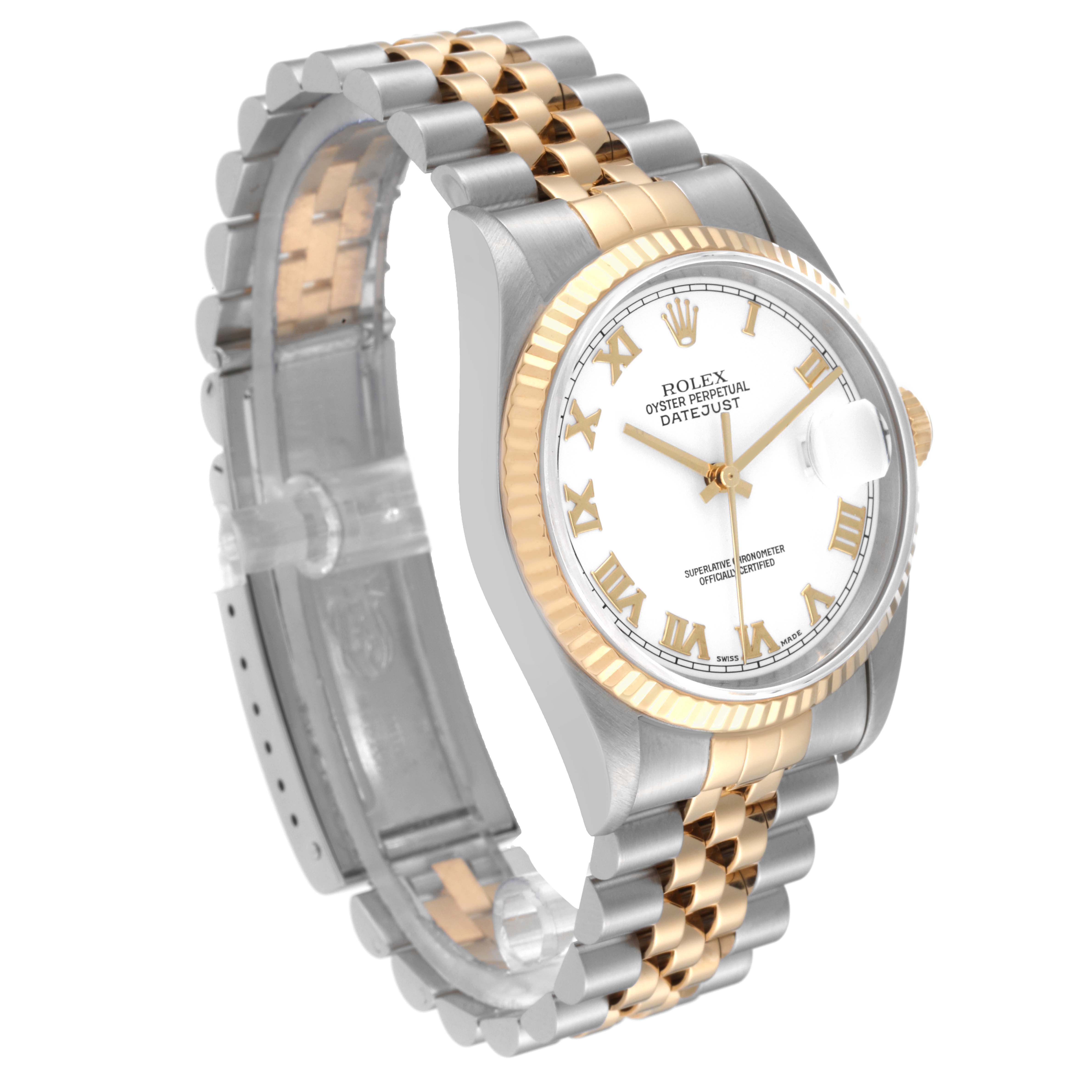 The image shows a Rolex Datejust 16233 Men's Steel and Gold (two tone) White Dial 16233 Men's Steel and Gold (two tone) White Dial watch angled to display its face, bezel, and two-tone bracelet.