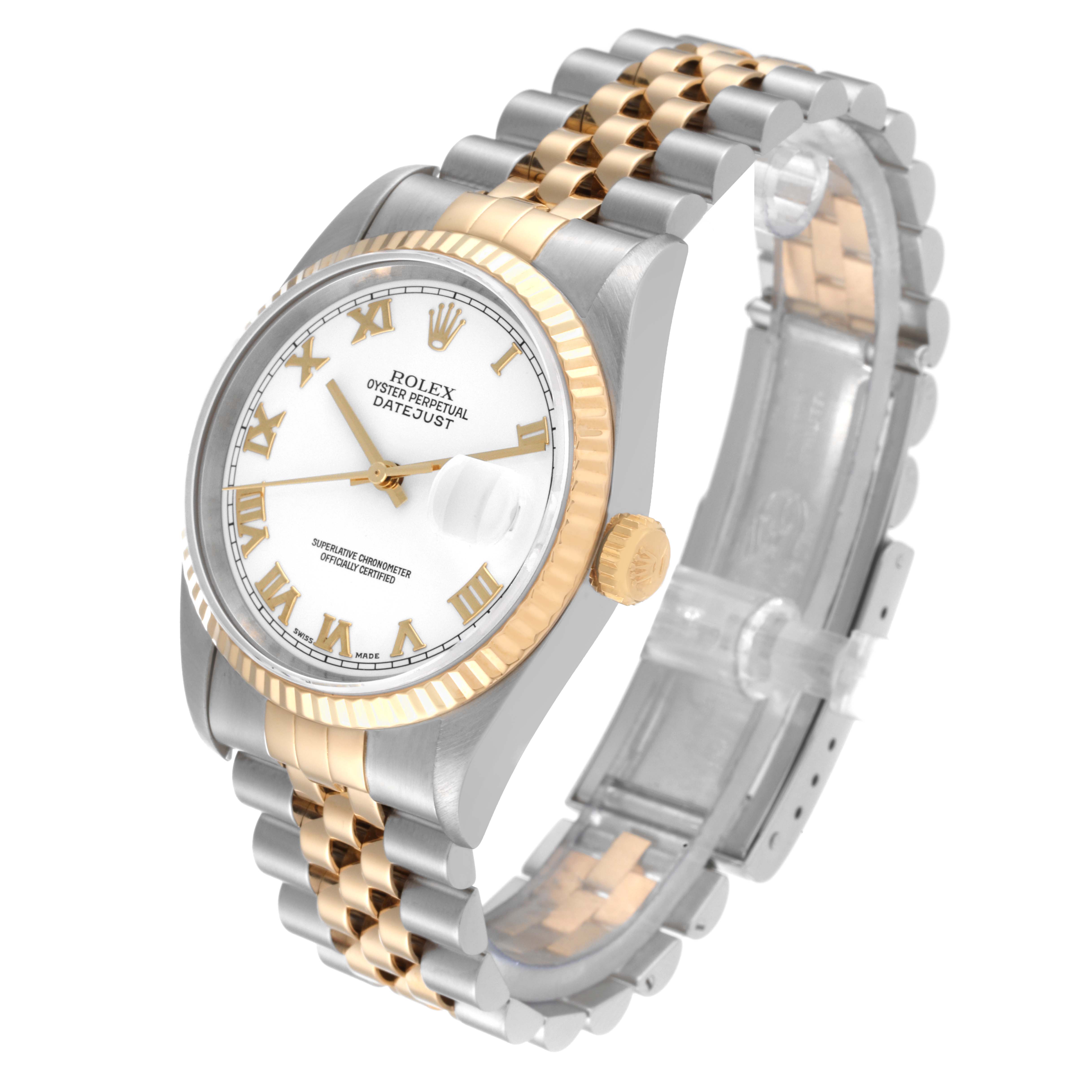 This image shows a Rolex Datejust 16233 Men's Steel and Gold (two tone) White Dial 16233 Men's Steel and Gold (two tone) White Dial watch at a three-quarter angle, highlighting the dial, bezel, and bracelet.