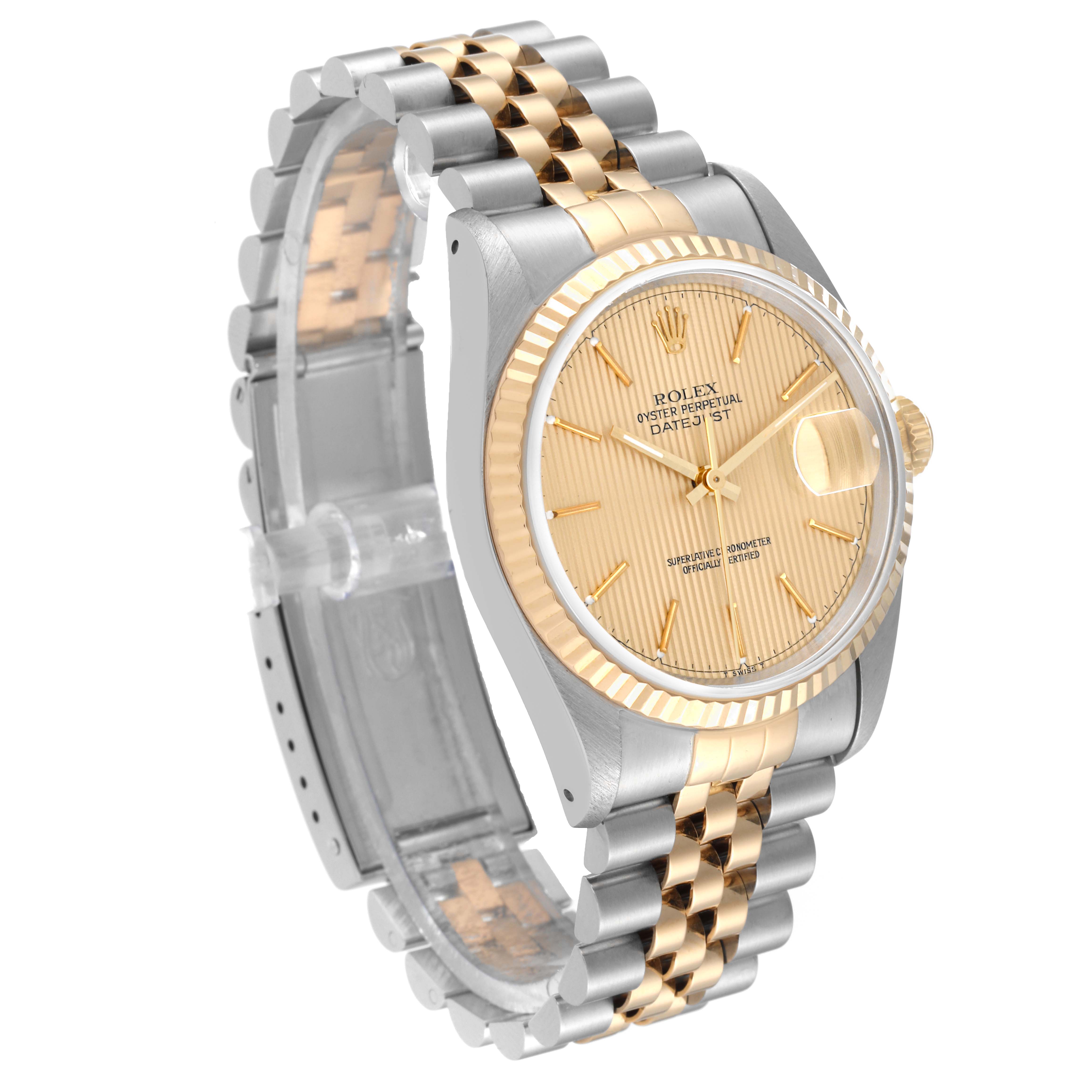 The Rolex Datejust 16233 Men's Steel and Gold (two tone) Champagne Dial 16233 Men's Steel and Gold (two tone) Champagne Dial watch is shown at a slight angle, revealing the face, bezel, and two-tone bracelet.