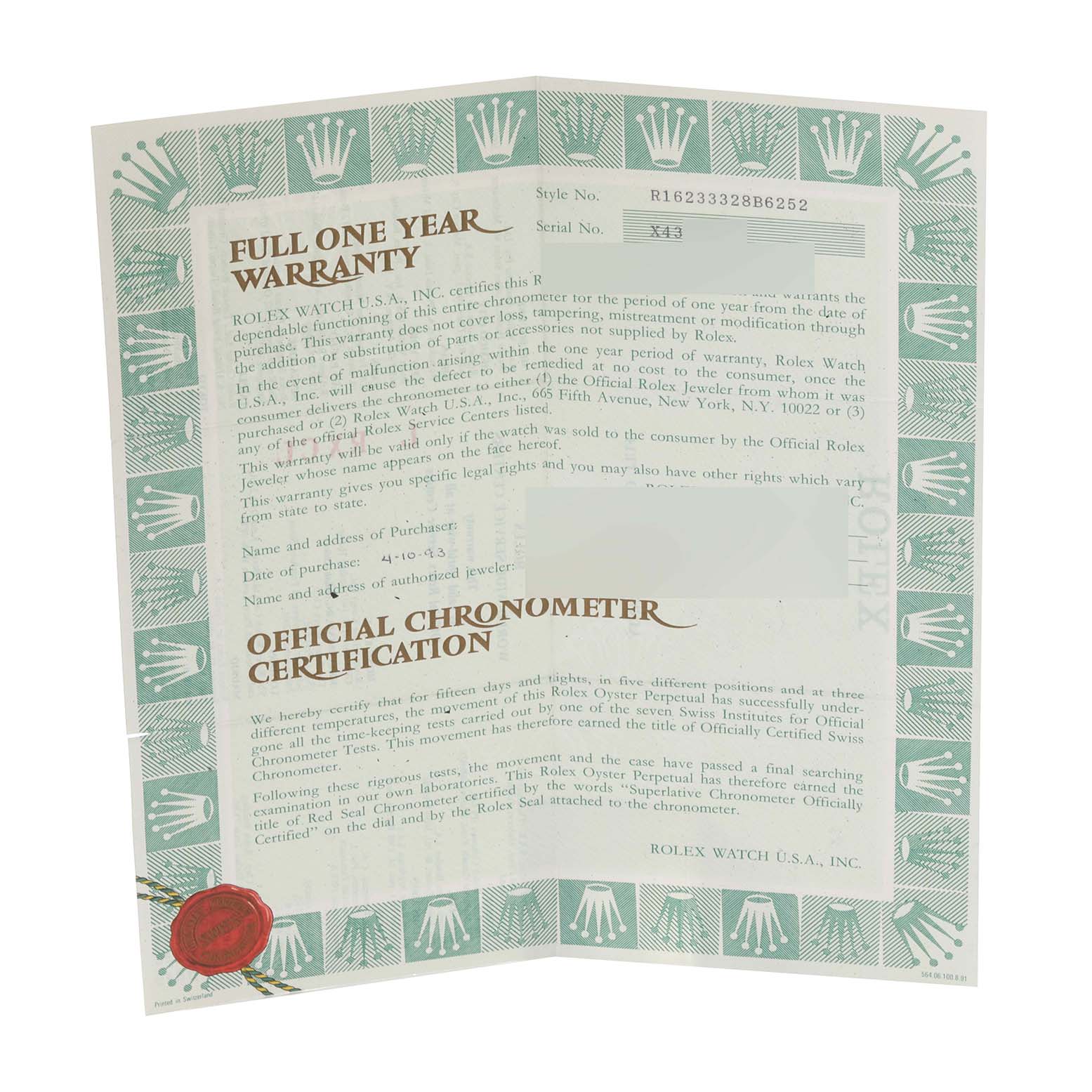 The image shows a warranty and chronometer certification document for a Rolex Datejust 16233 Men's Steel and Gold (two tone) Champagne Dial 16233 Men's Steel and Gold (two tone) Champagne Dial model.