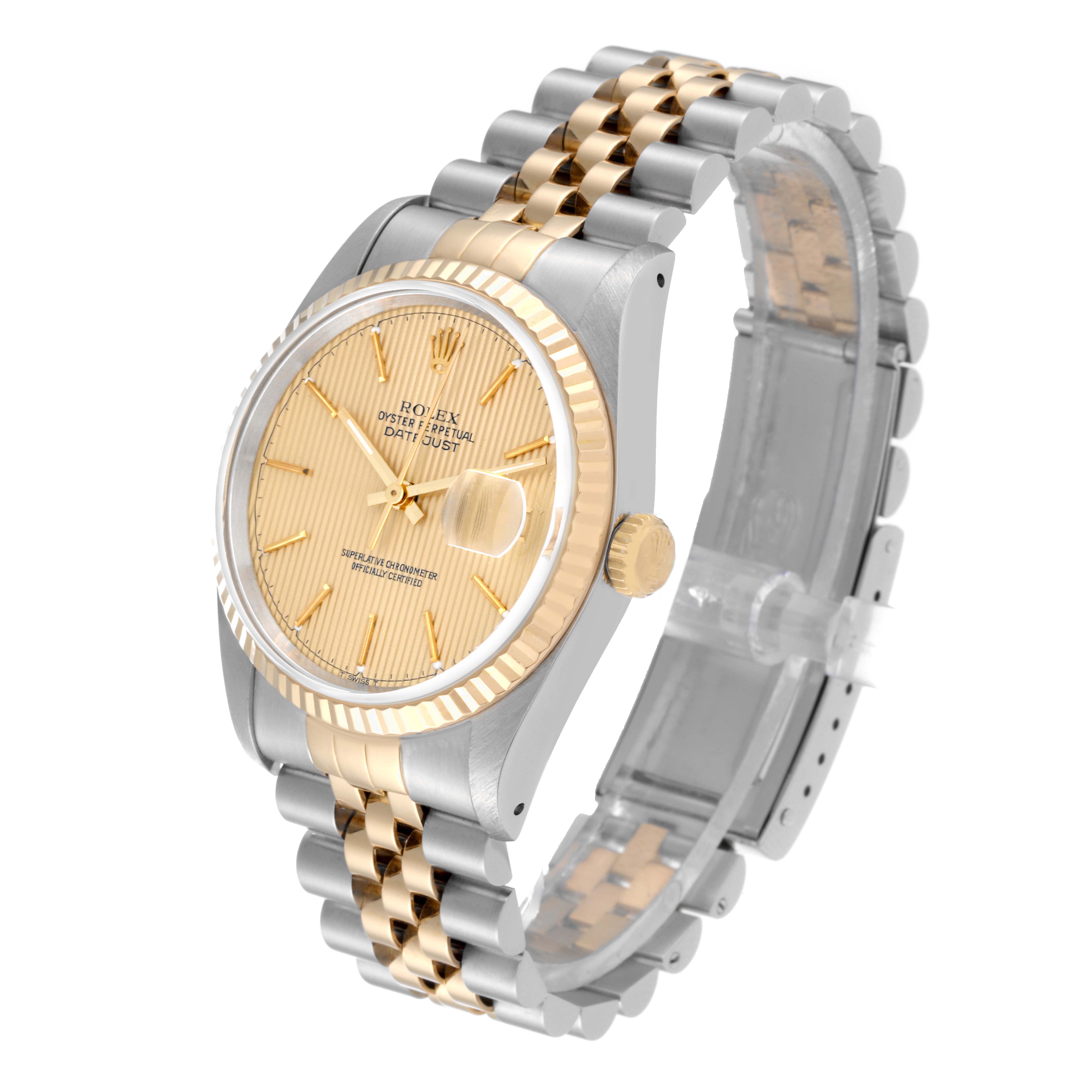 The Rolex Datejust 16233 Men's Steel and Gold (two tone) Champagne Dial 16233 Men's Steel and Gold (two tone) Champagne Dial watch is shown at an angle highlighting the face, crown, and two-tone bracelet.