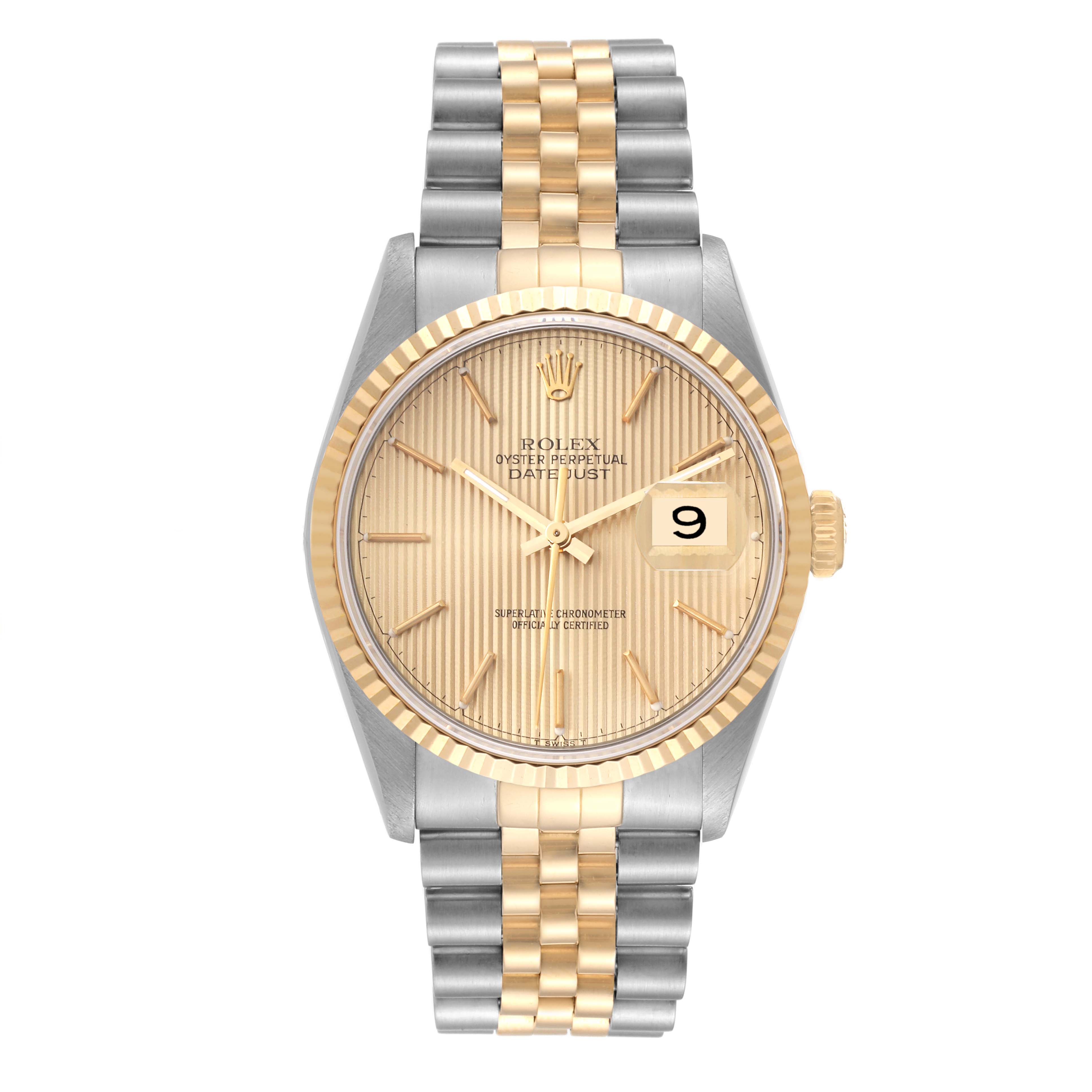The image shows a frontal view of a Rolex Datejust 16233 Men's Steel and Gold (two tone) Champagne Dial 16233 Men's Steel and Gold (two tone) Champagne Dial watch with a Jubilee bracelet, fluted bezel, and date display.