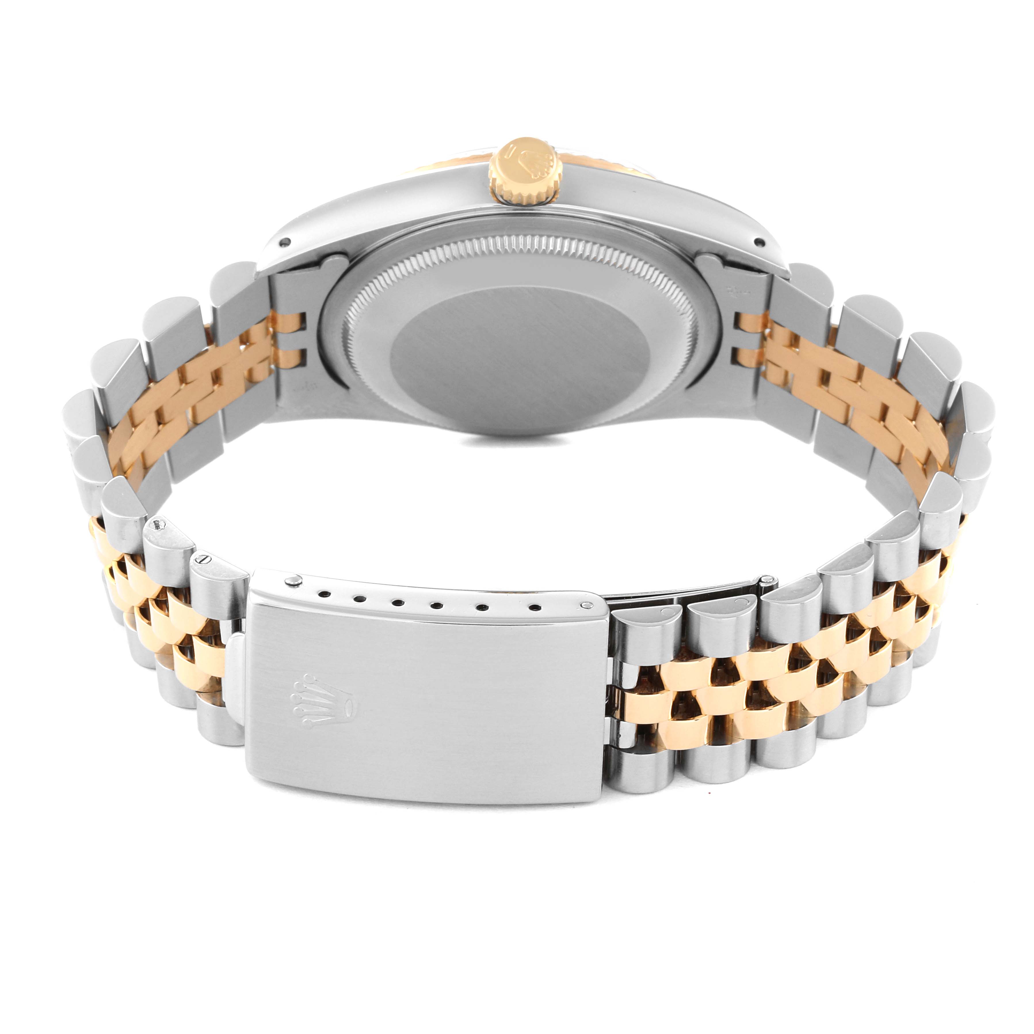 The image shows the back view of a Rolex Datejust 16233 Men's Steel and Gold (two tone) Champagne Dial 16233 Men's Steel and Gold (two tone) Champagne Dial watch, including the case back and two-tone bracelet.