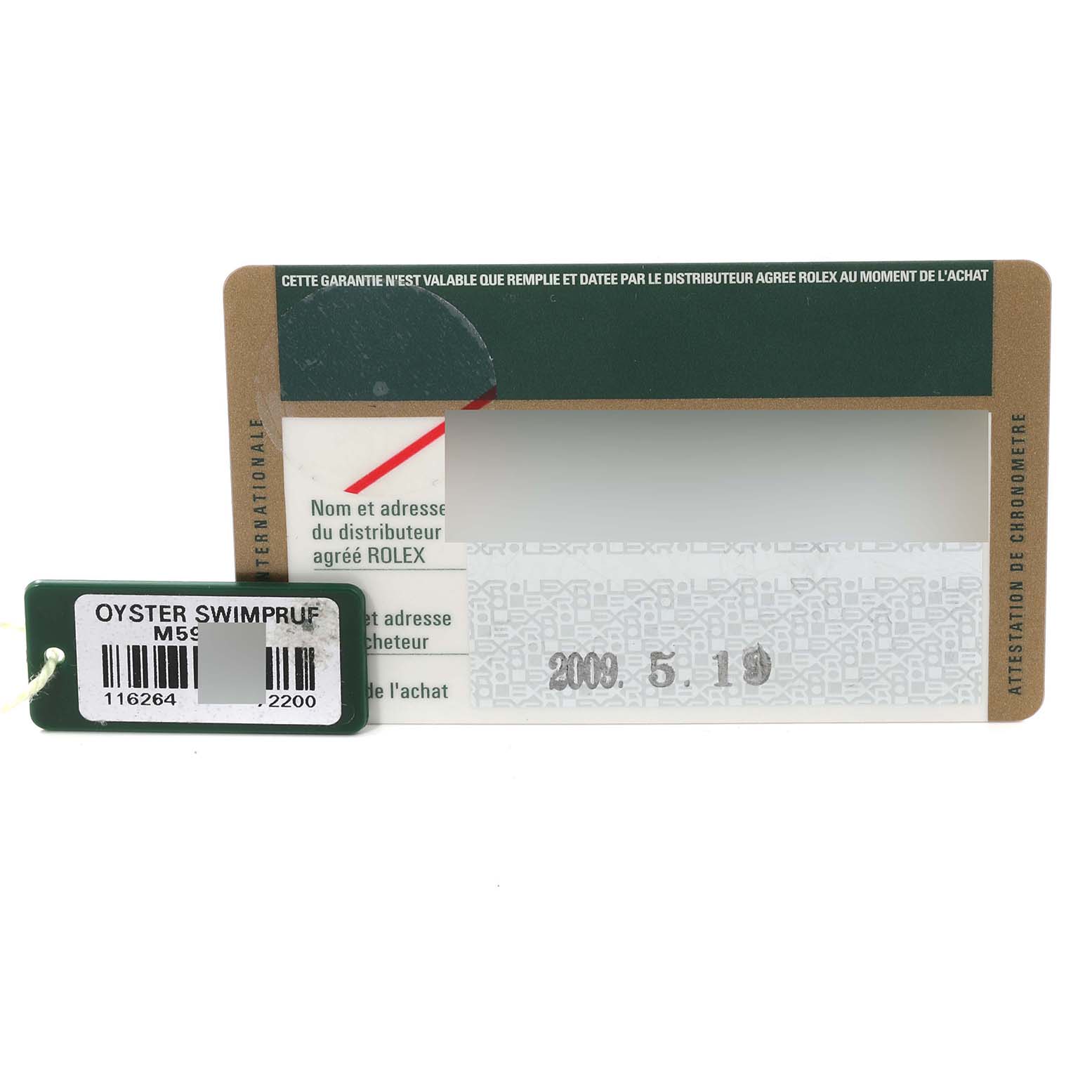 The image shows the front of a warranty card and a tag for the Rolex Turn-o-Graph 116264 Men's Stainless Steel Black Dial 116264 Men's Stainless Steel Black Dial watch, with details including the date and model number.