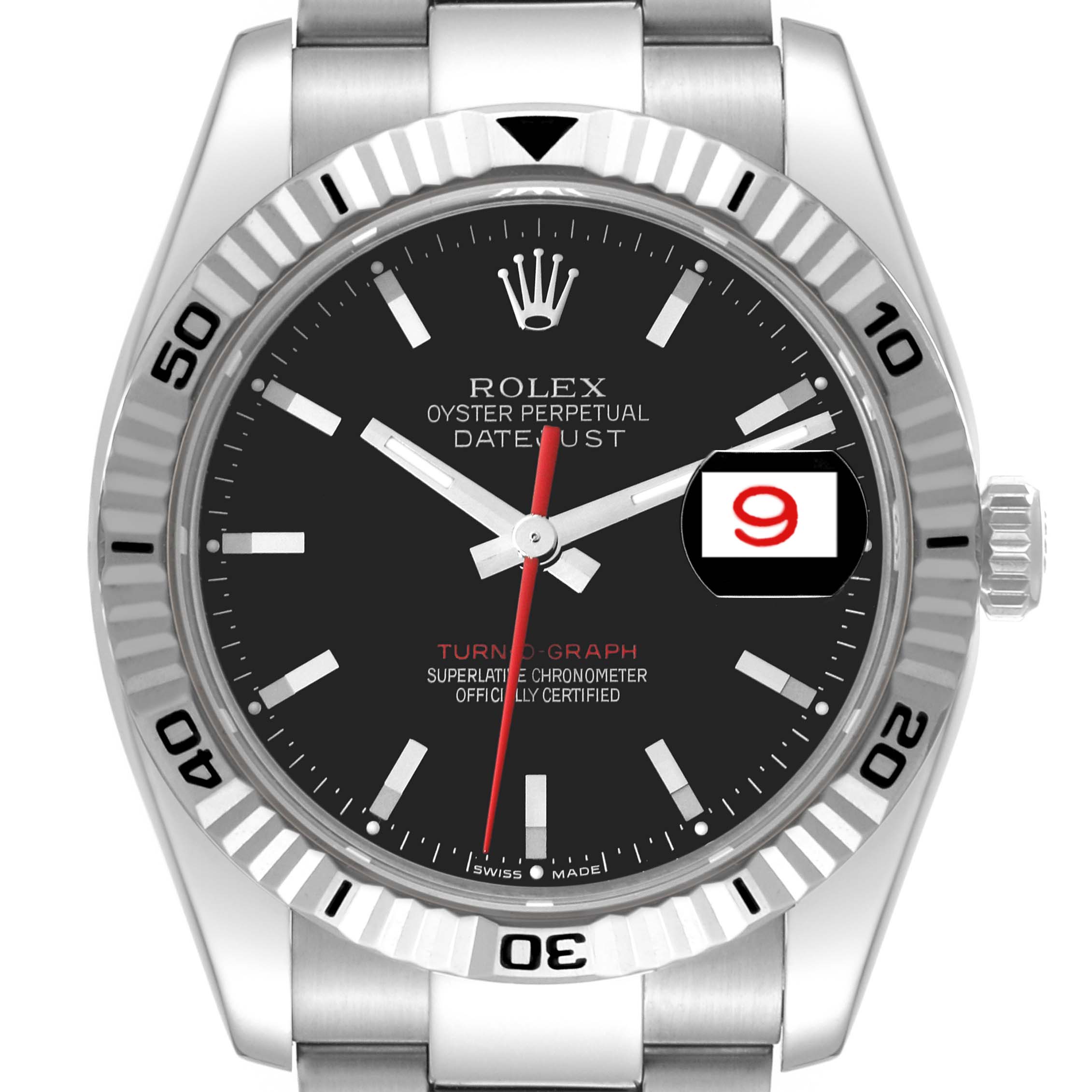 This image shows a front view of a Rolex Turn-o-Graph 116264 Men's Stainless Steel Black Dial 116264 Men's Stainless Steel Black Dial watch, highlighting its dial, hands, bezel, and date display.