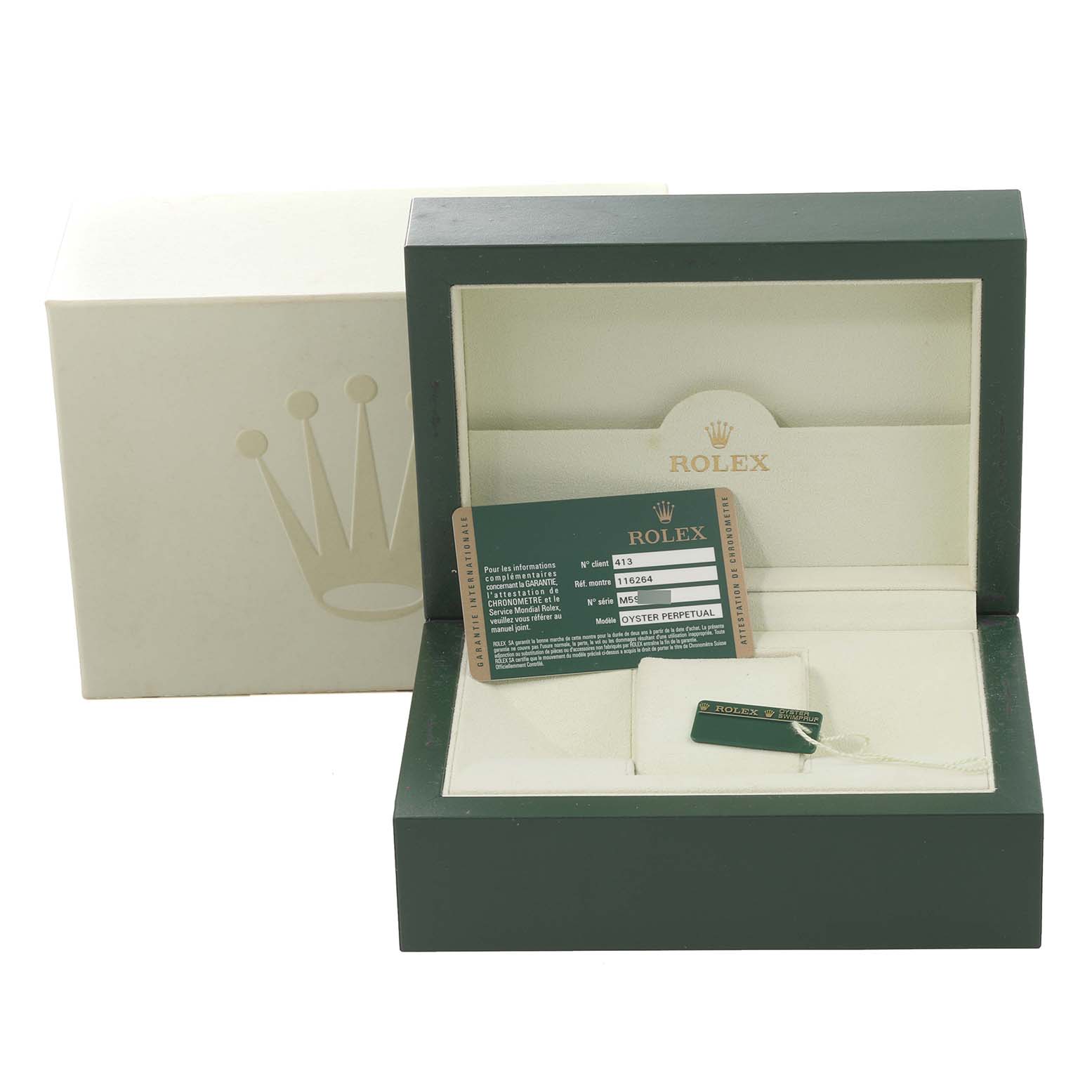 The image shows the packaging, warranty card, and tag for a Rolex Turn-o-Graph 116264 Men's Stainless Steel Black Dial 116264 Men's Stainless Steel Black Dial watch.