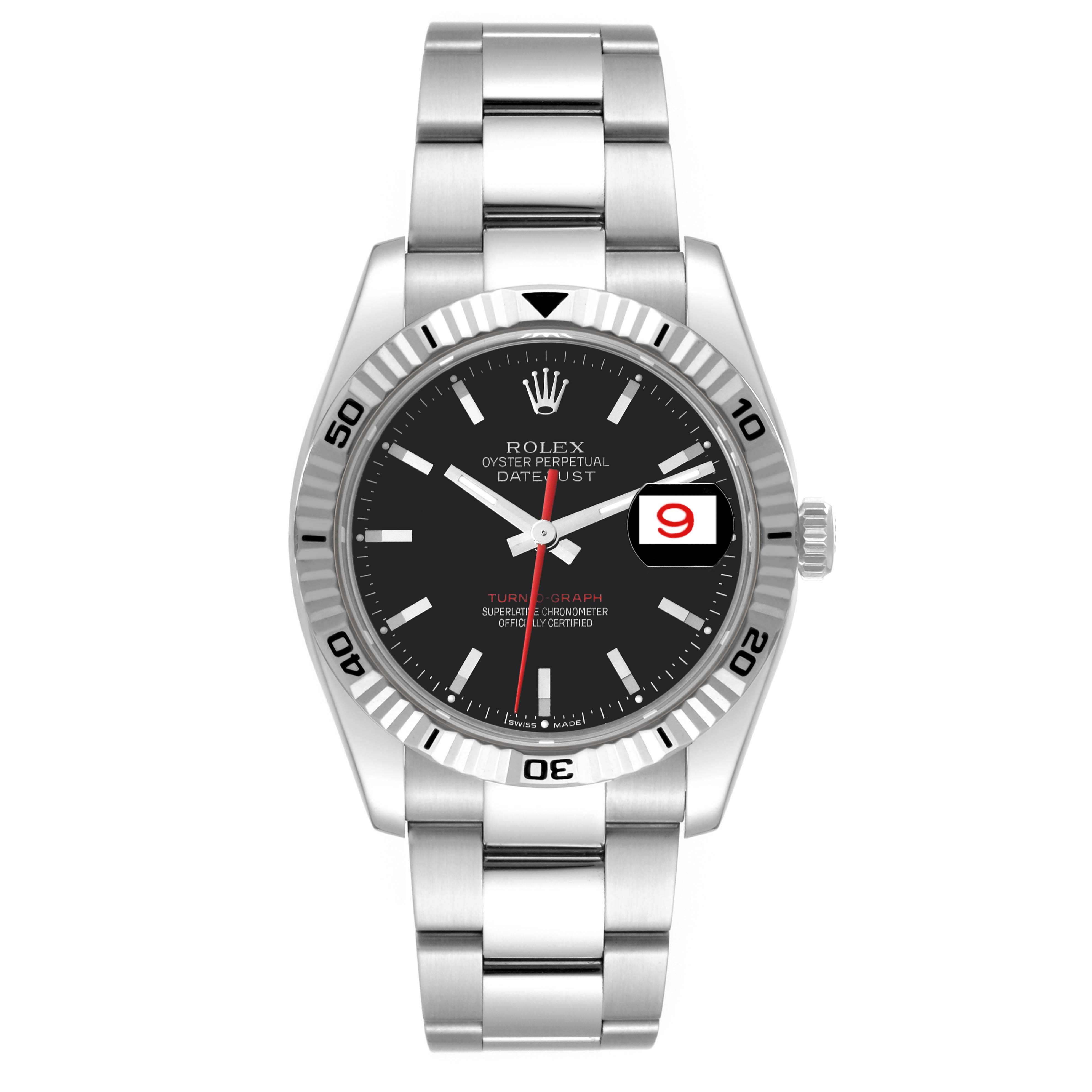 The Rolex Turn-o-Graph 116264 Men's Stainless Steel Black Dial 116264 Men's Stainless Steel Black Dial watch is shown from a front angle, featuring its dial, bezel, crown, and bracelet.
