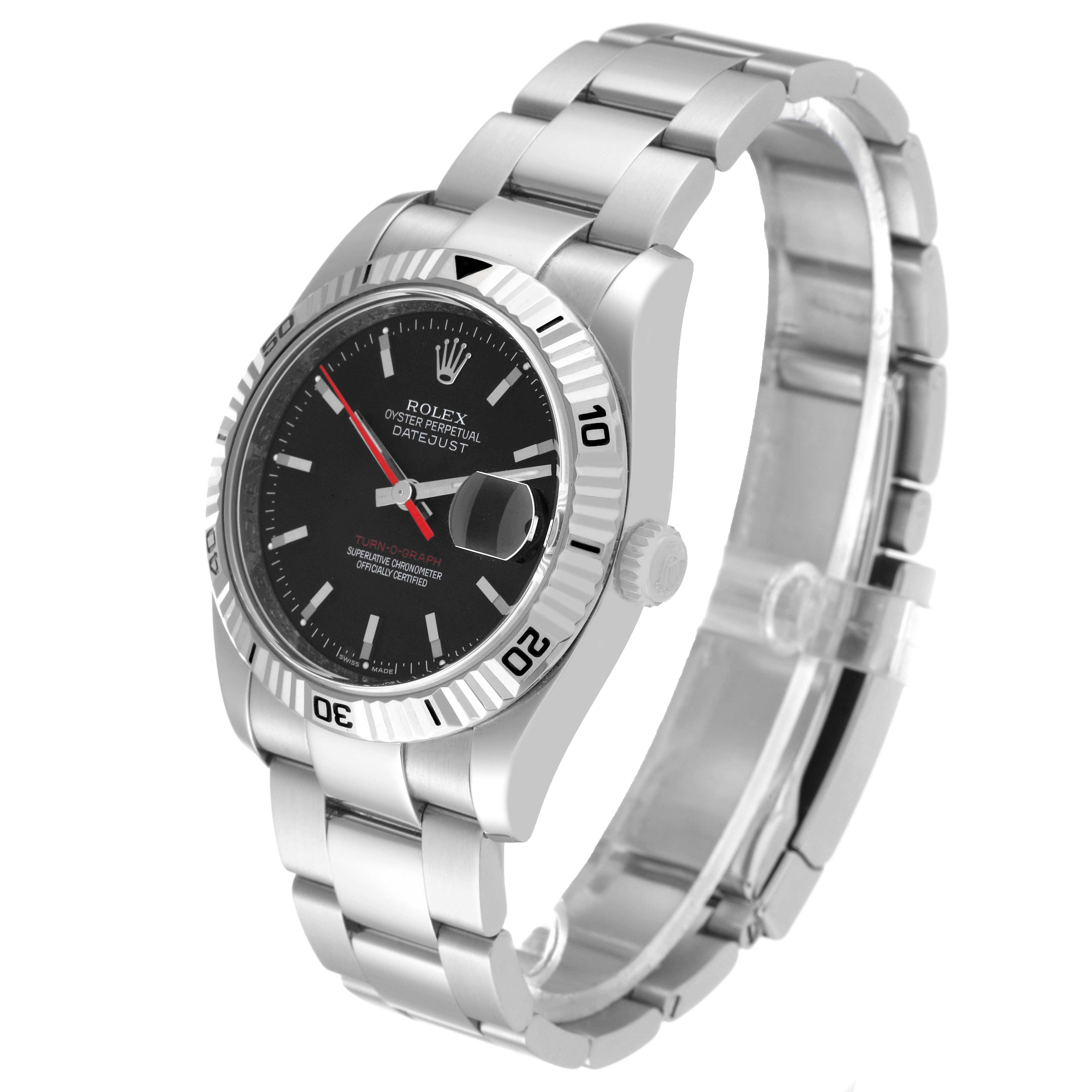 The image shows a Rolex Turn-o-Graph 116264 Men's Stainless Steel Black Dial 116264 Men's Stainless Steel Black Dial watch at a three-quarter angle, highlighting its stainless steel case, black dial, and date function.