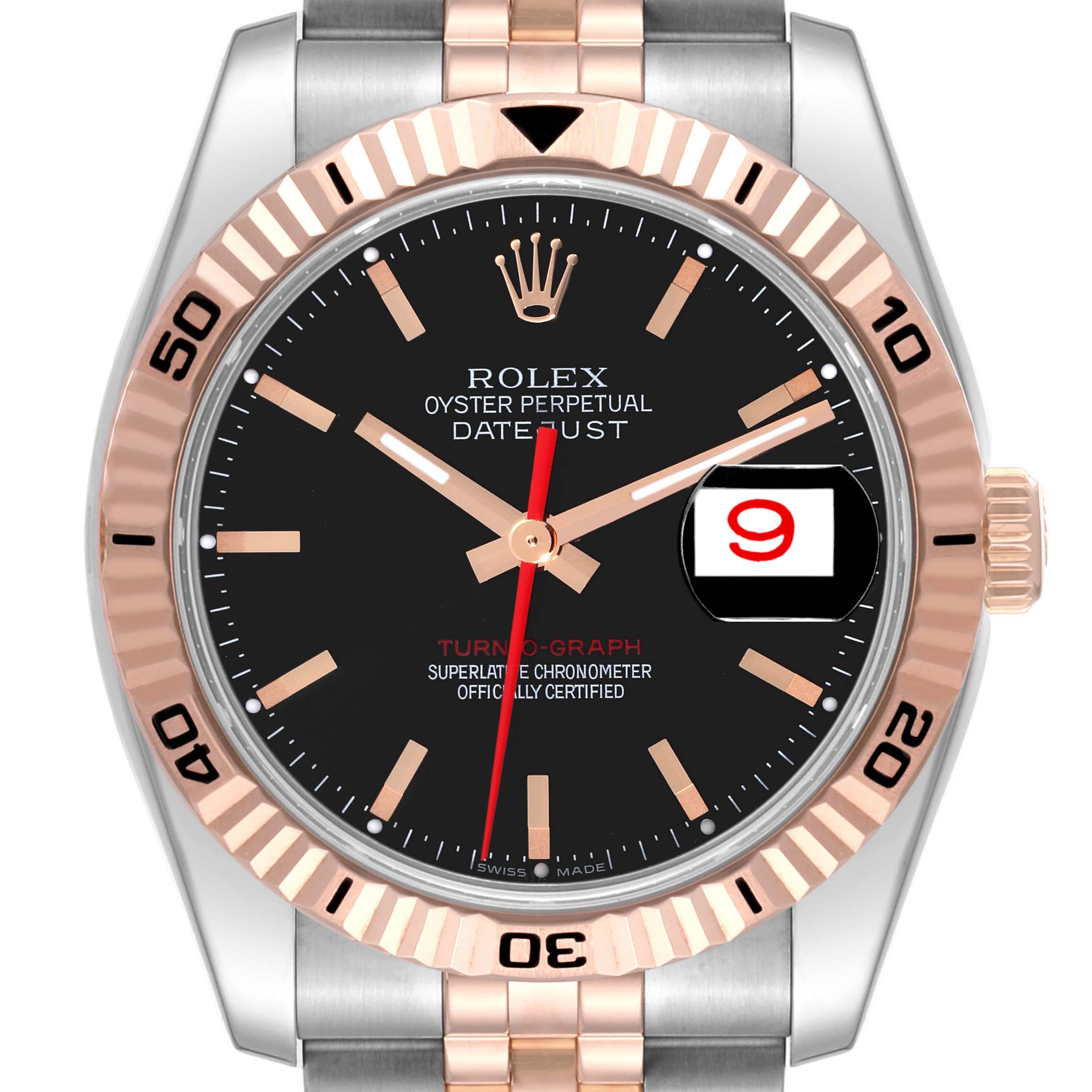This image shows a front view of the Rolex Turn-o-Graph 116261 Men's Steel and Gold (two tone) Black Dial 116261 Men's Steel and Gold (two tone) Black Dial watch, highlighting the bezel, dial, hands, date window, and part of the bracelet.