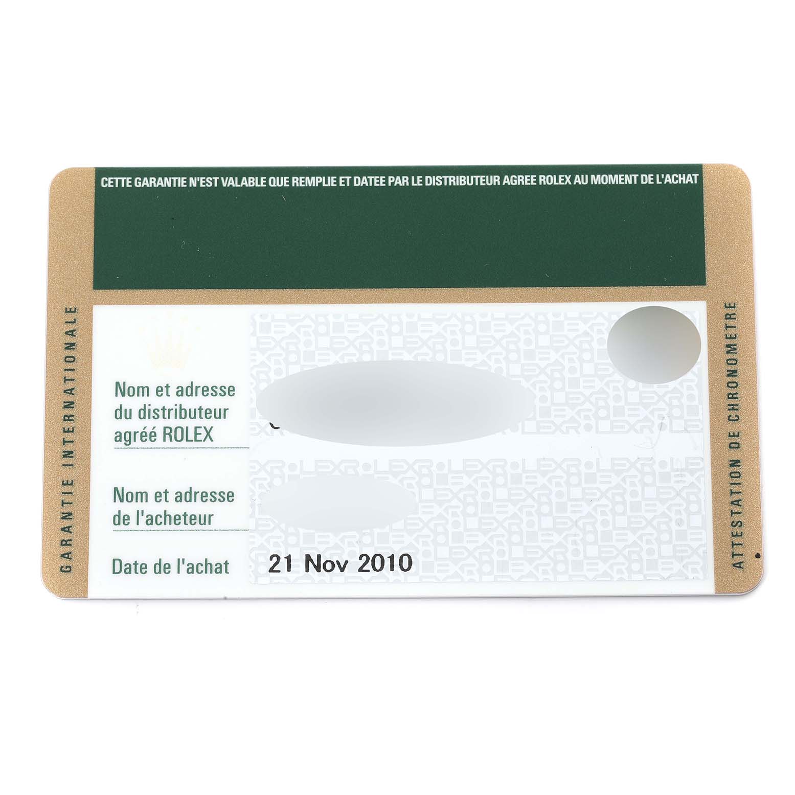 This is an image of the warranty card for the Rolex Turn-o-Graph 116261 Men's Steel and Gold (two tone) Black Dial 116261 Men's Steel and Gold (two tone) Black Dial model, showing purchase date and sections for distributor and buyer information.