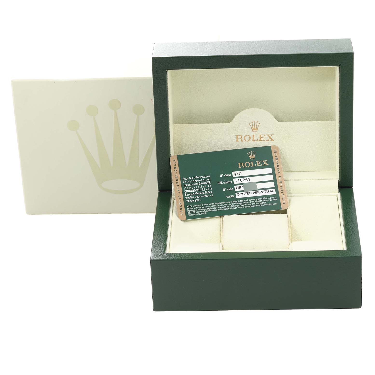 The image shows an open Rolex Turn-o-Graph 116261 Men's Steel and Gold (two tone) Black Dial 116261 Men's Steel and Gold (two tone) Black Dial watch box with a certification card inside.