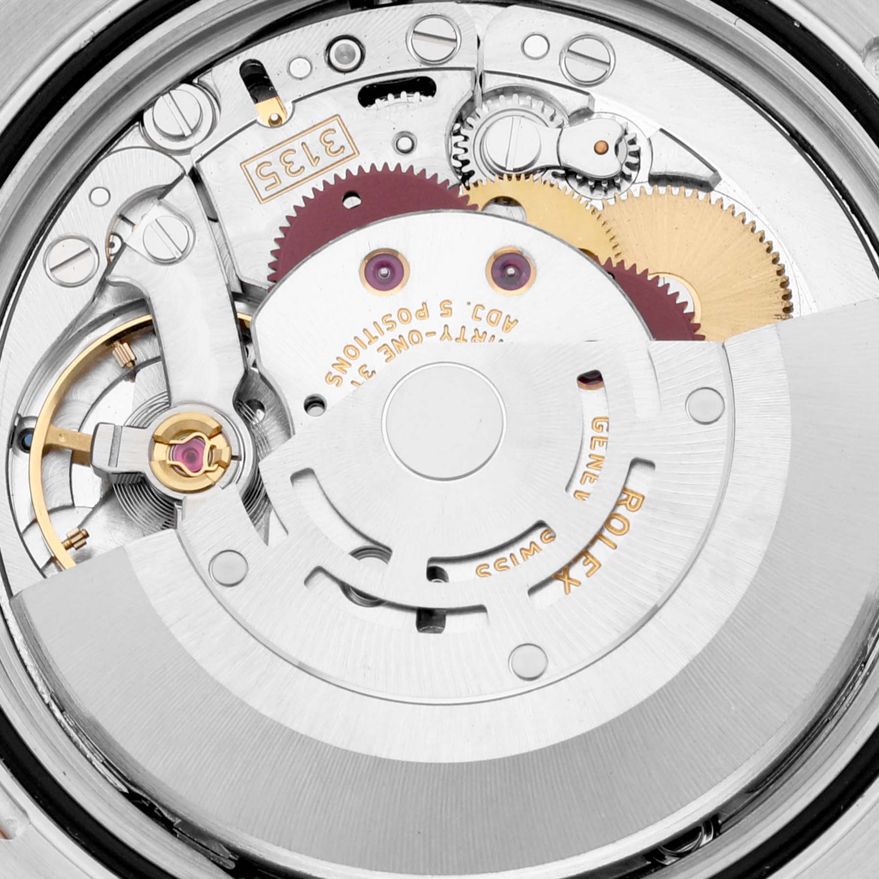 The image shows the internal movement mechanism of a Rolex Turn-o-Graph 116261 Men's Steel and Gold (two tone) Black Dial 116261 Men's Steel and Gold (two tone) Black Dial watch at a close-up angle.