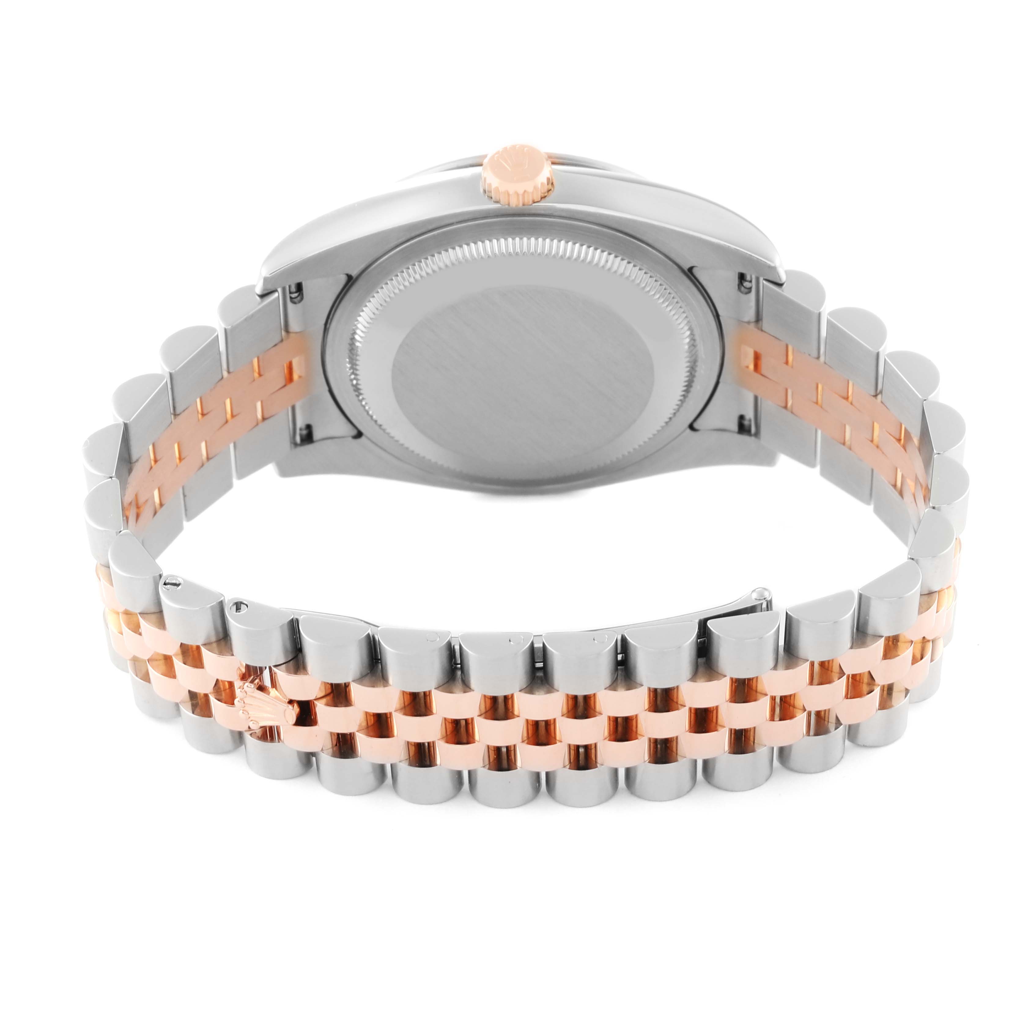 The image shows the back case and bracelet of a Rolex Turn-o-Graph 116261 Men's Steel and Gold (two tone) Black Dial 116261 Men's Steel and Gold (two tone) Black Dial watch in a rose gold and stainless steel combination.