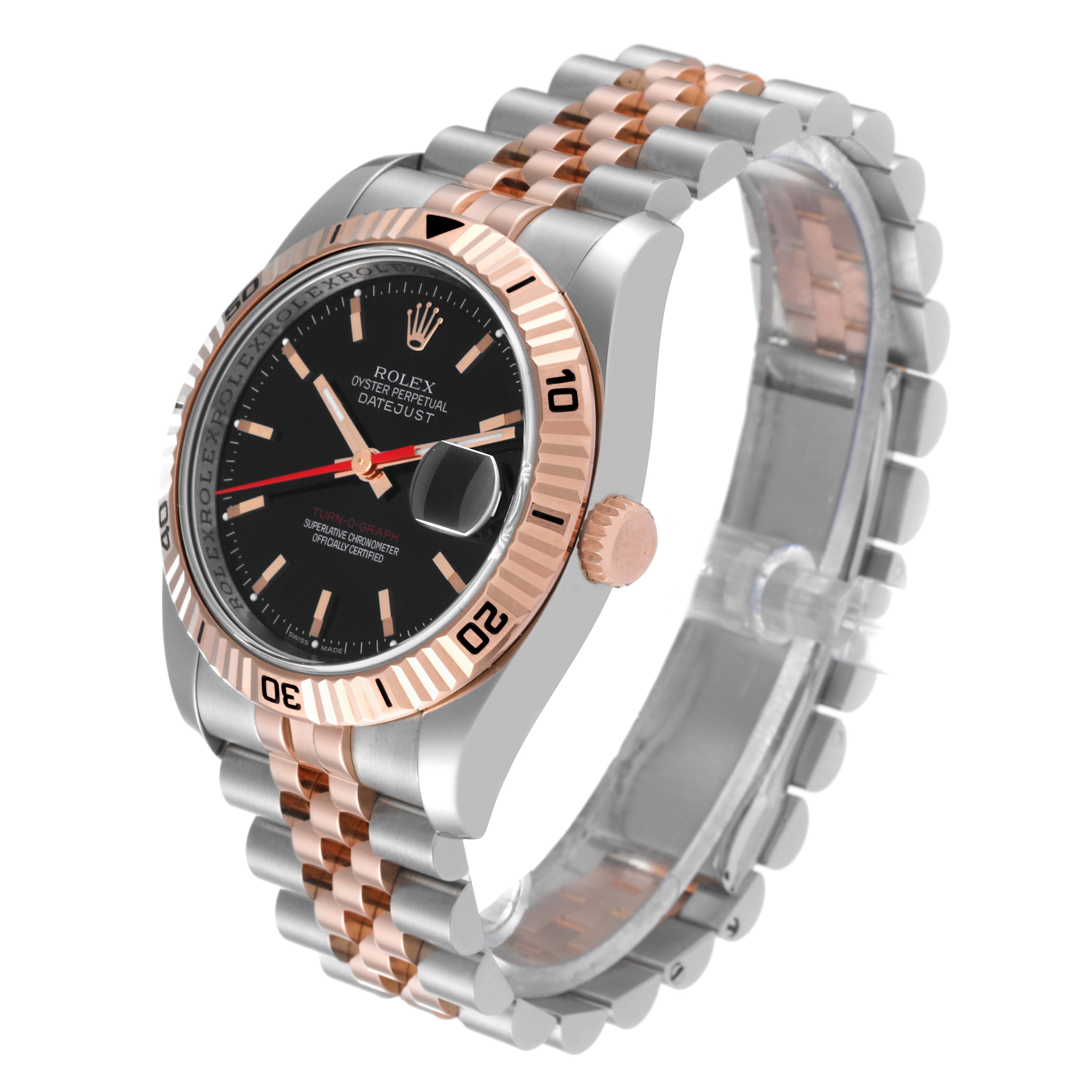 This image shows a Rolex Turn-o-Graph 116261 Men's Steel and Gold (two tone) Black Dial 116261 Men's Steel and Gold (two tone) Black Dial watch from an oblique angle, highlighting its bezel, bracelet, dial, and crown.