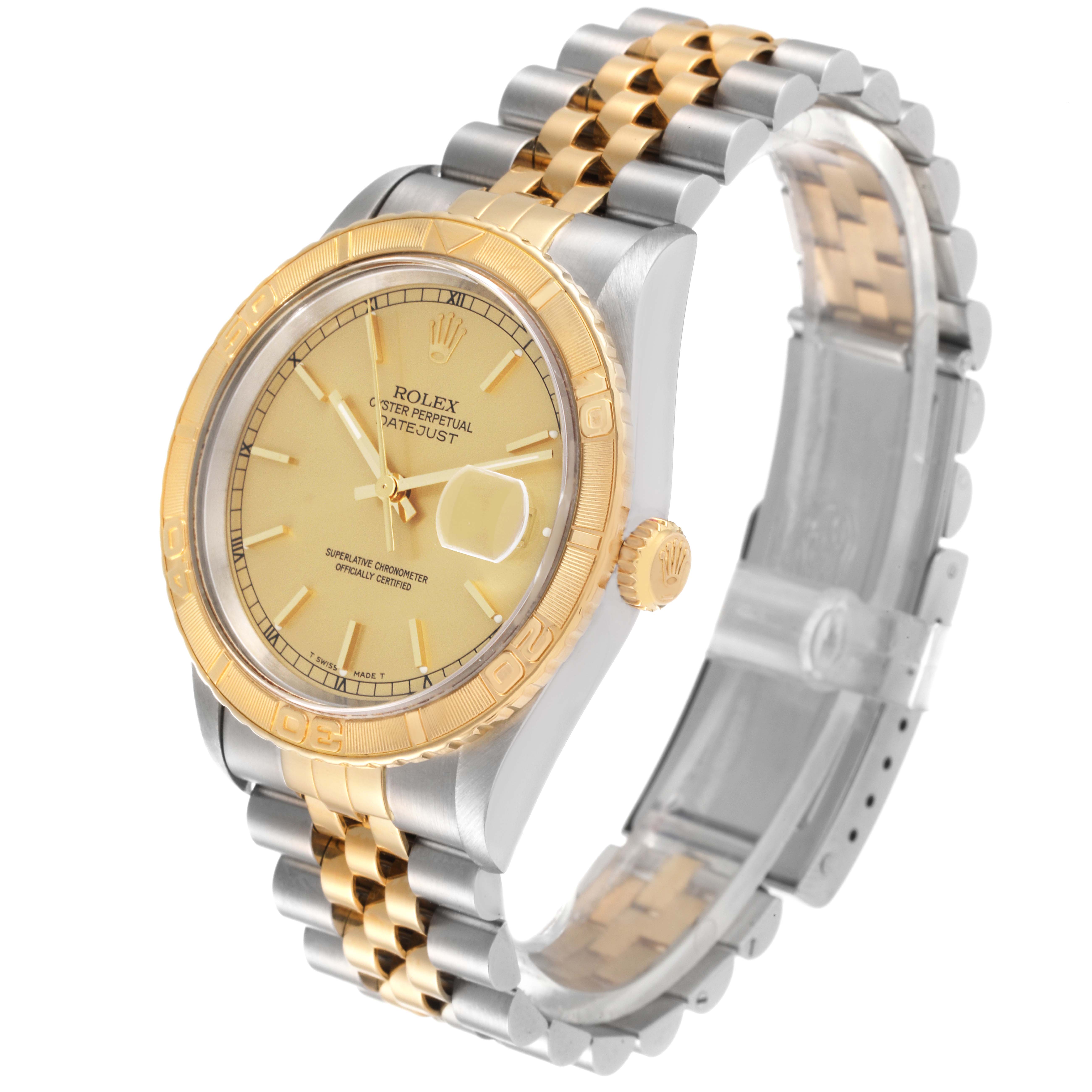 The image shows a Rolex Turn-o-Graph 16263 Men
s Steel and Gold (two tone) Champagne Dial 16263 Men
s Steel and Gold (two tone) Champagne Dial watch at a three-quarter angle, highlighting the face, bezel, and bracelet.