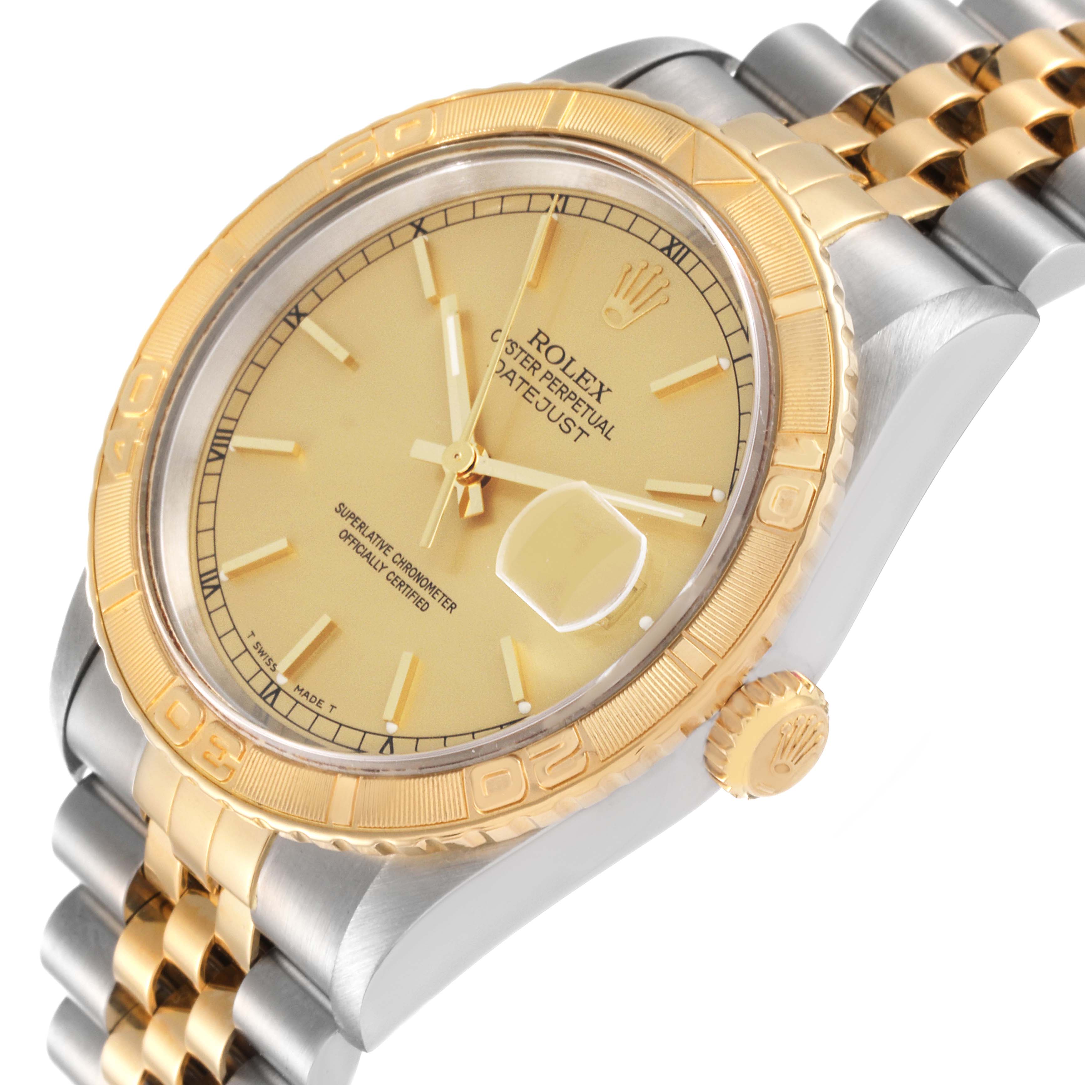 The image shows a Rolex Turn-o-Graph 16263 Men
s Steel and Gold (two tone) Champagne Dial 16263 Men
s Steel and Gold (two tone) Champagne Dial watch at a slight angle, highlighting its gold bezel, dial, and two-tone bracelet.