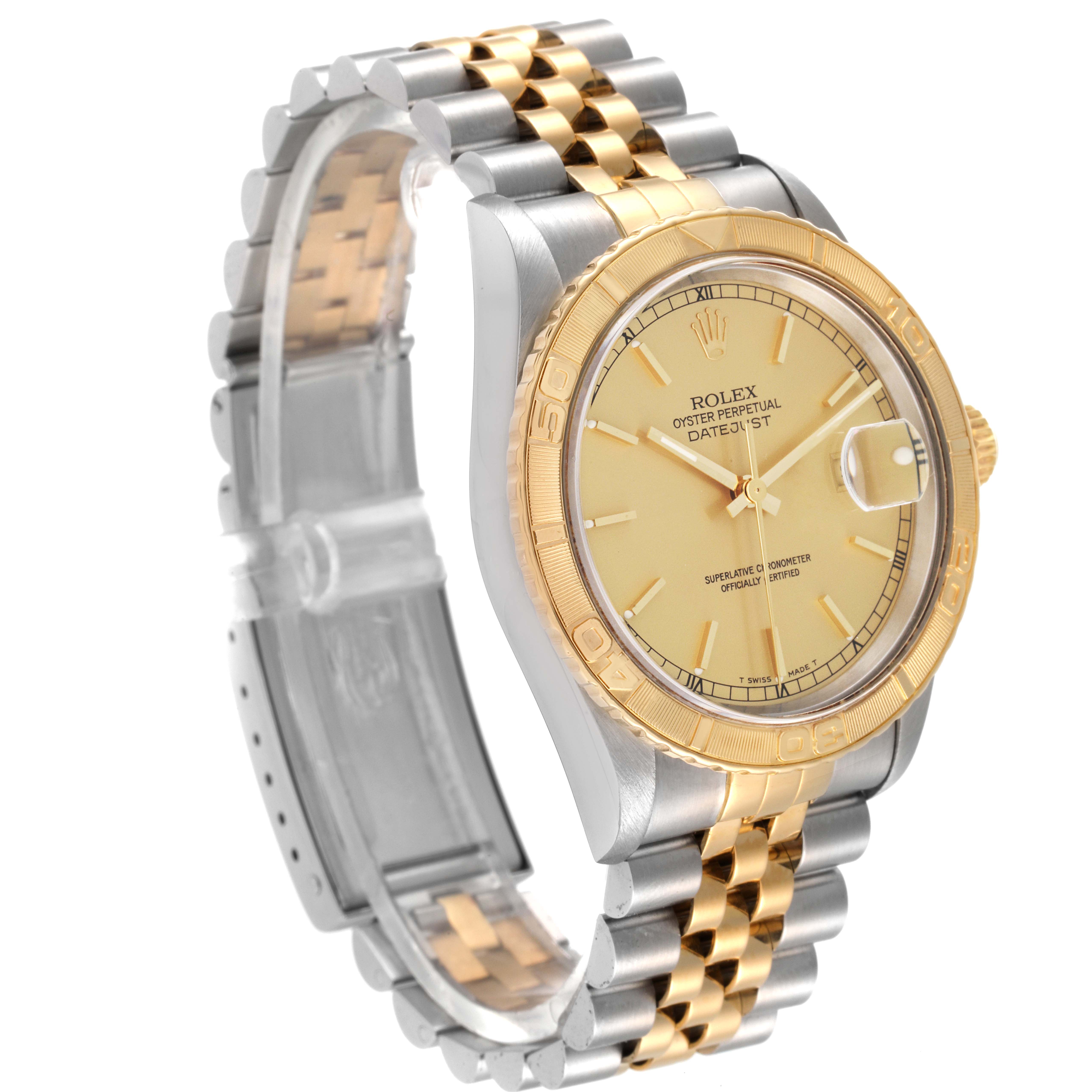The image shows a Rolex Turn-o-Graph 16263 Men
s Steel and Gold (two tone) Champagne Dial 16263 Men
s Steel and Gold (two tone) Champagne Dial watch at a three-quarter angle, highlighting the face, bezel, and bracelet.