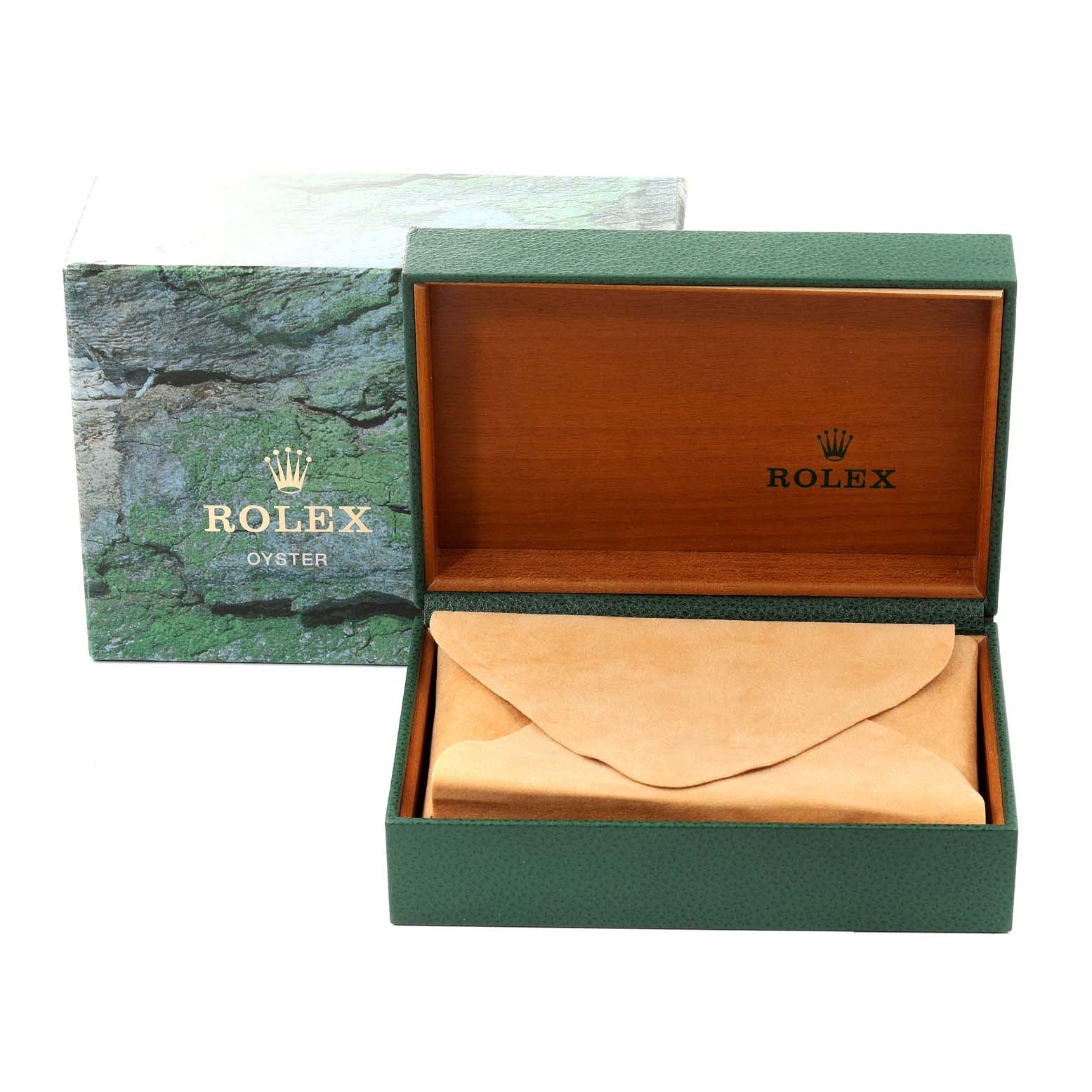 The image shows the packaging for a Rolex Turn-o-Graph 16263 Men
s Steel and Gold (two tone) Champagne Dial 16263 Men
s Steel and Gold (two tone) Champagne Dial, including an outer box, an inner wooden box, and a suede pouch inside.