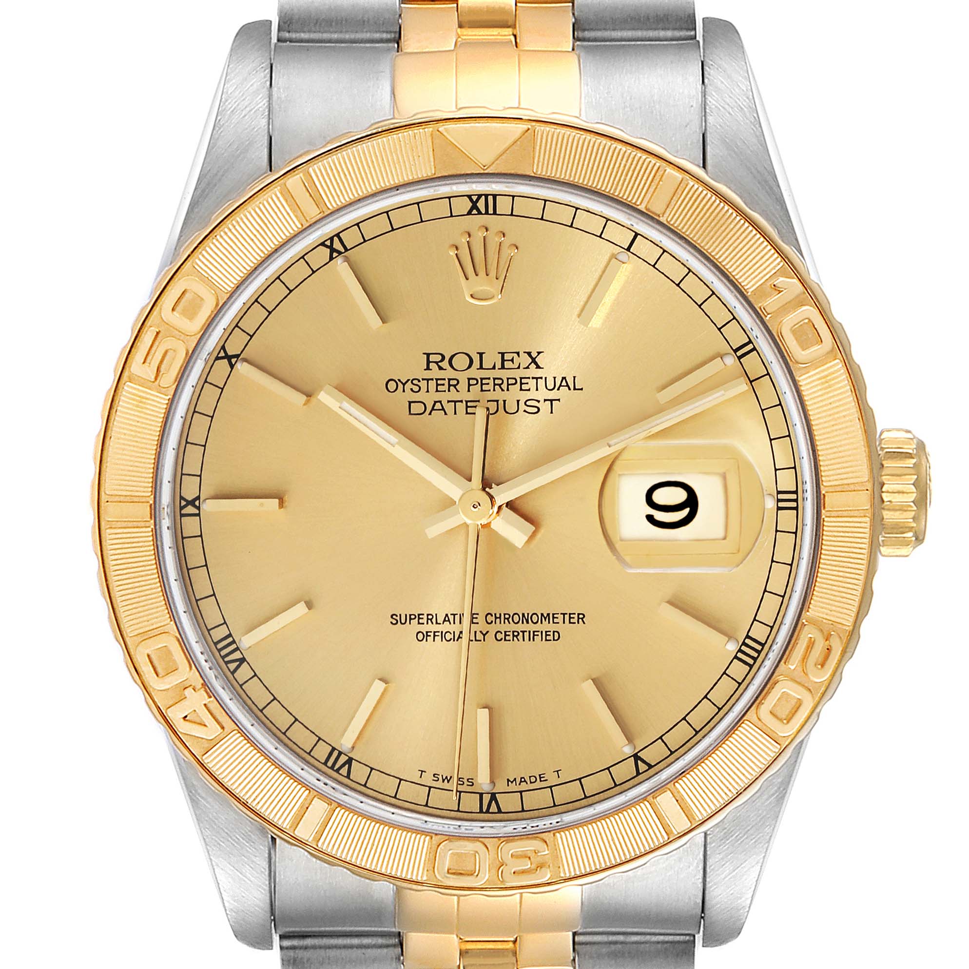 The image shows a Rolex Turn-o-Graph 16263 Men
s Steel and Gold (two tone) Champagne Dial 16263 Men
s Steel and Gold (two tone) Champagne Dial model watch from a front angle, featuring a gold bezel, champagne dial, and date display.