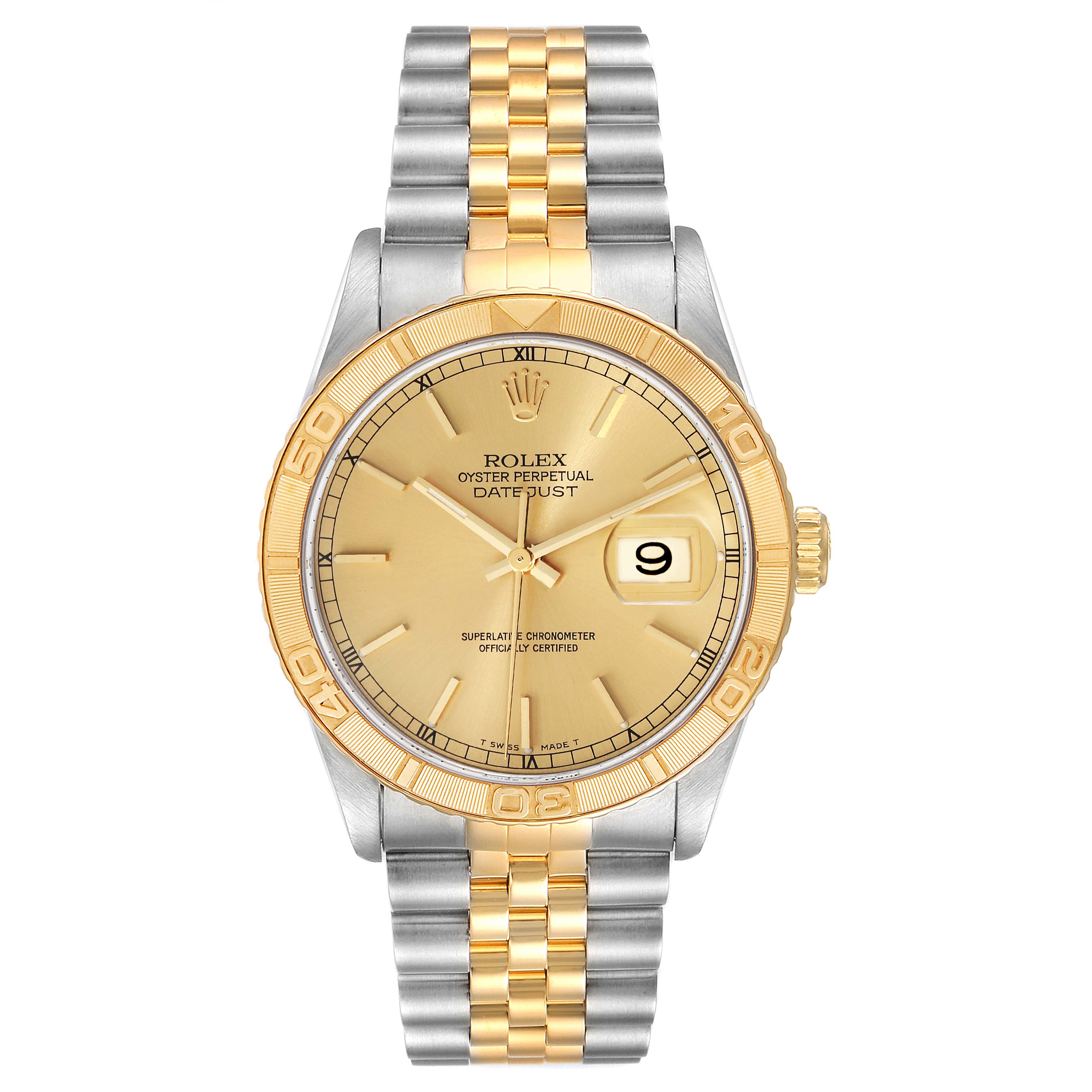 This image shows a Rolex Turn-o-Graph 16263 Men
s Steel and Gold (two tone) Champagne Dial 16263 Men
s Steel and Gold (two tone) Champagne Dial watch from a top-down angle, featuring the face, dial, bezel, crown, and bracelet.