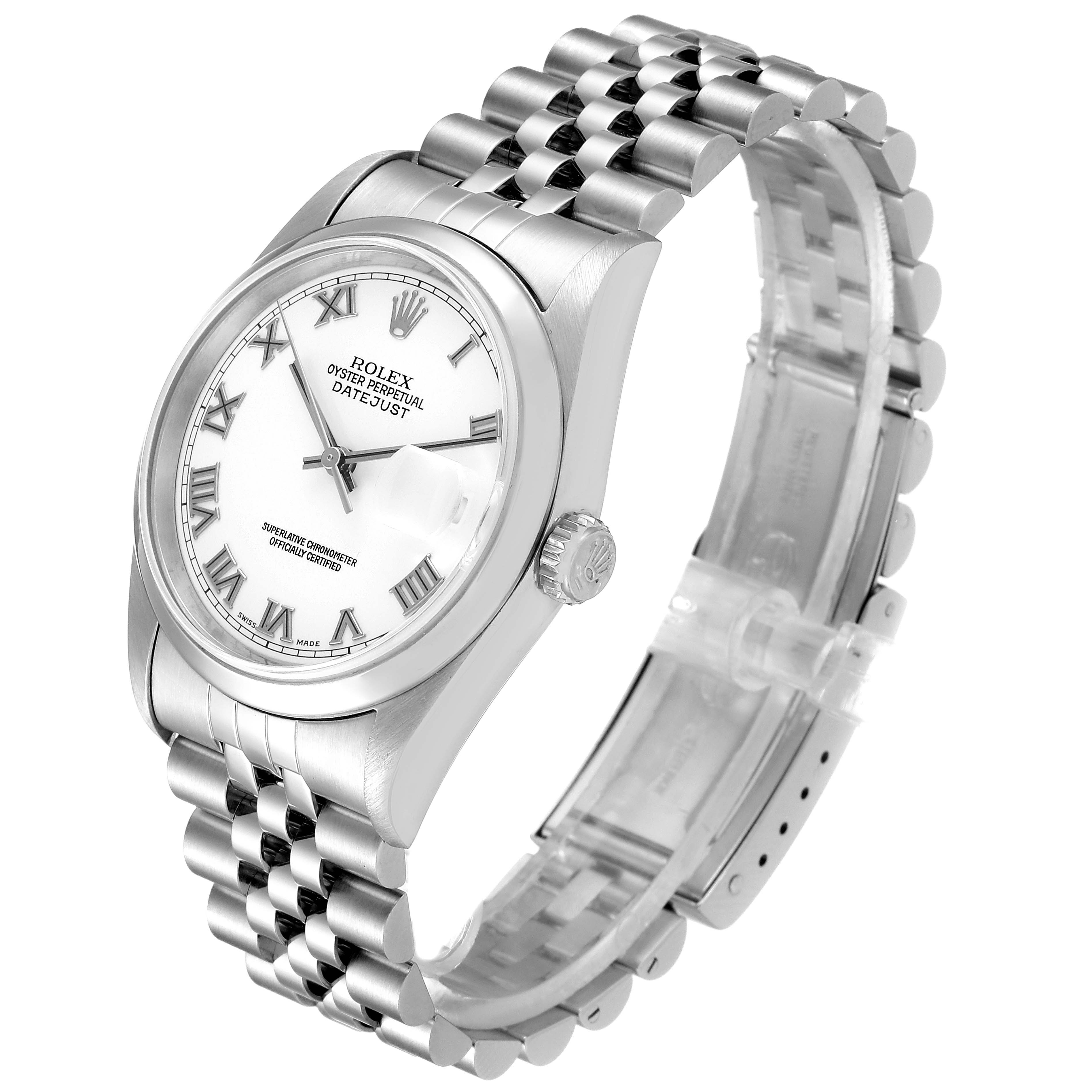 The image showcases a side angle of the Rolex Datejust 16200 Men
s Stainless Steel White Dial 16200 Men
s Stainless Steel White Dial watch, highlighting its face, crown, and bracelet.