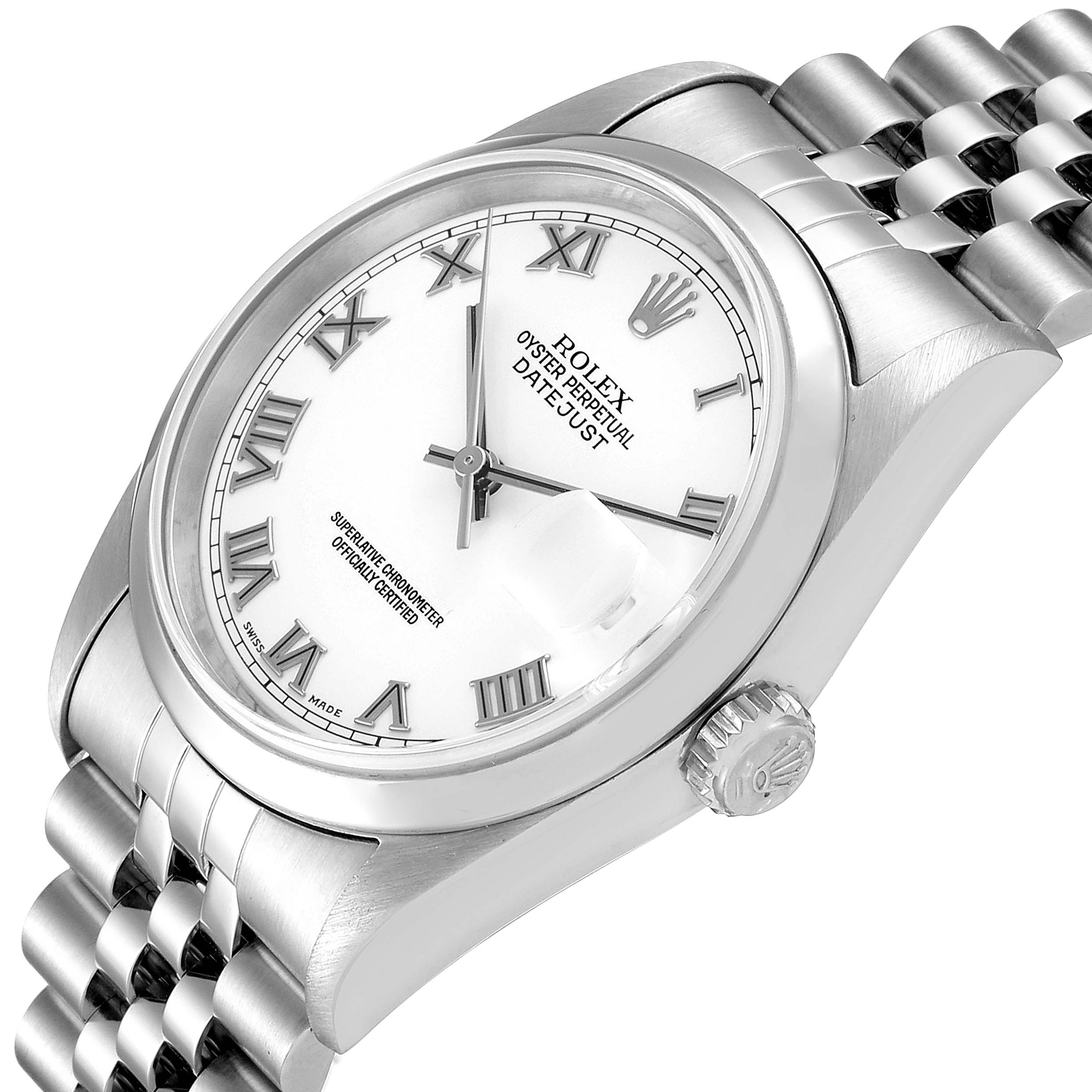 This image shows a Rolex Datejust 16200 Men
s Stainless Steel White Dial 16200 Men
s Stainless Steel White Dial watch at an angled top-down view, highlighting the dial, crown, and portion of the bracelet.
